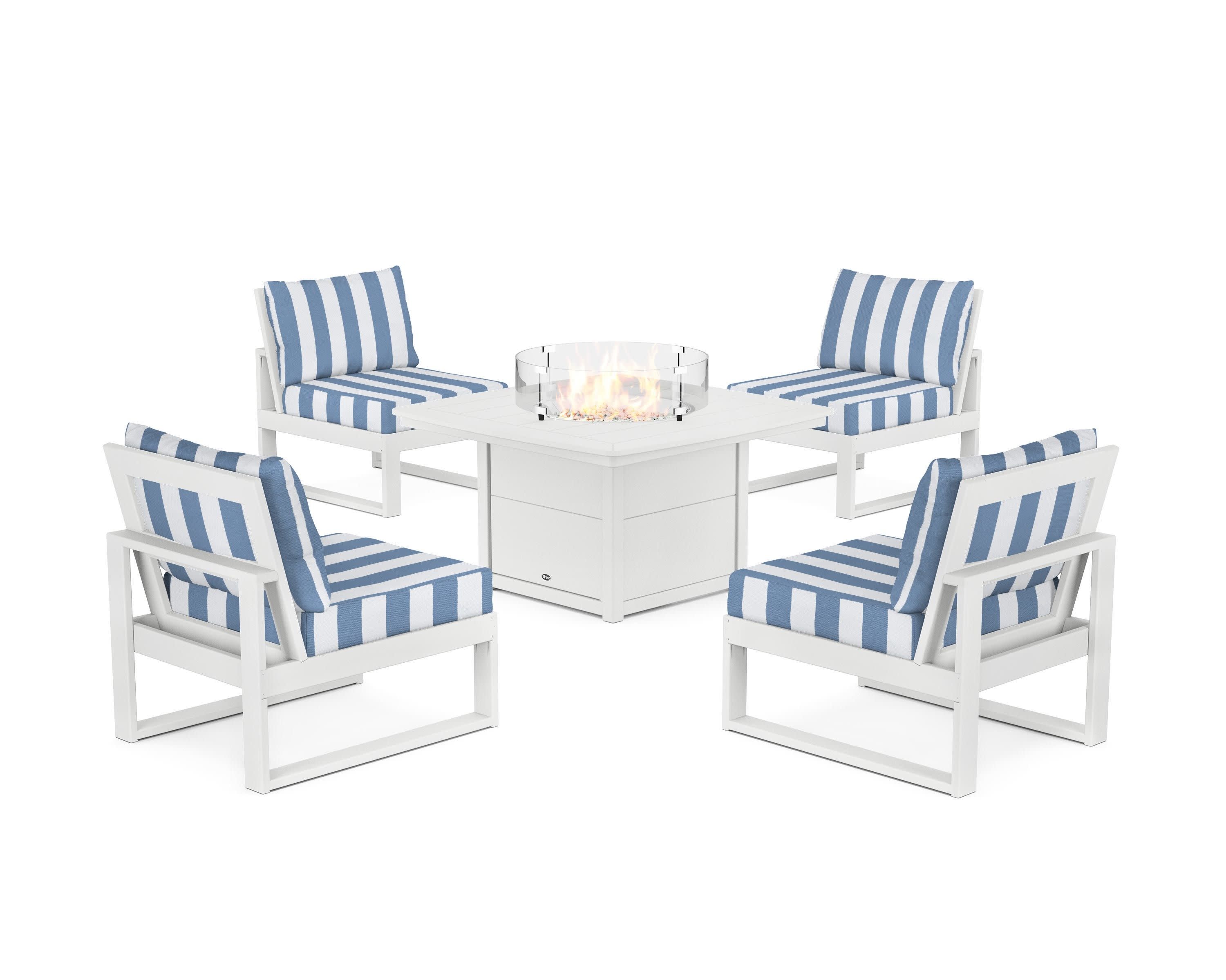 Eastport Modular 5-Piece Deep Seating Set with Yacht Club Fire Pit Table in Classic White / Cabana Stripe Sky Blue