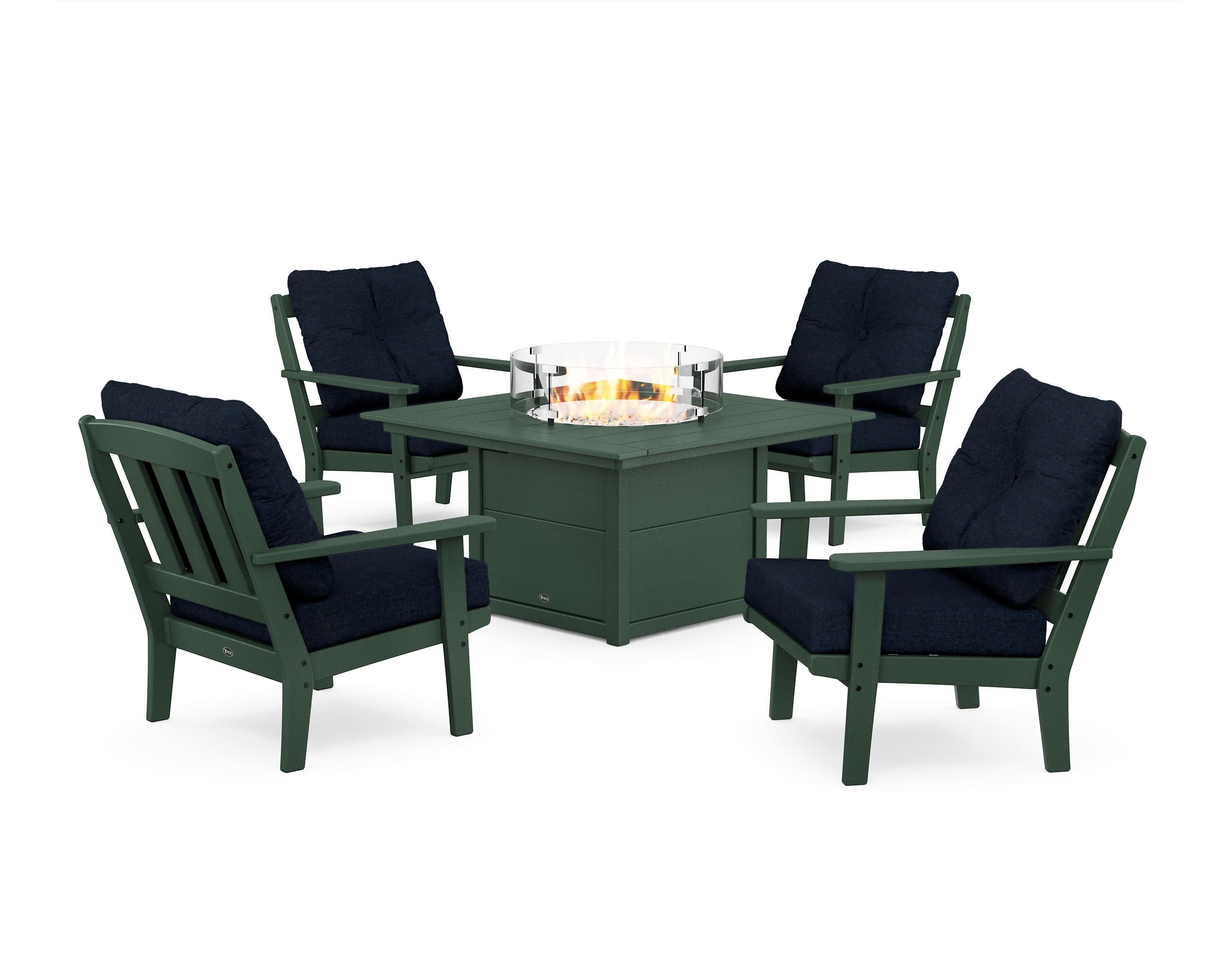 Cape Cod 5-Piece Deep Seating Set with Fire Pit Table in Rainforest Canopy / Marine Indigo