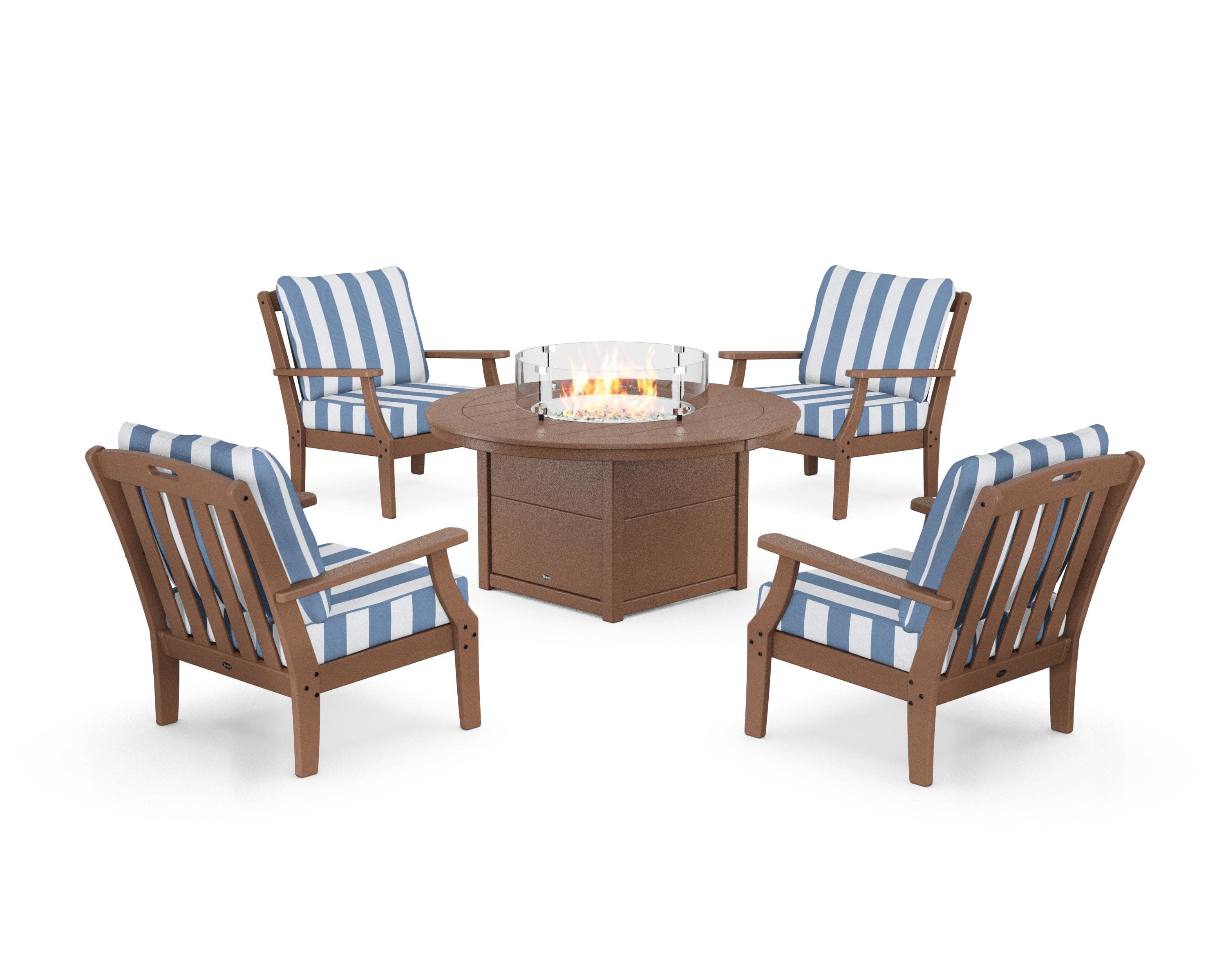 Yacht Club 5-Piece Deep Seating Set with Round Fire Pit Table in Tree House / Cabana Stripe Sky Blue