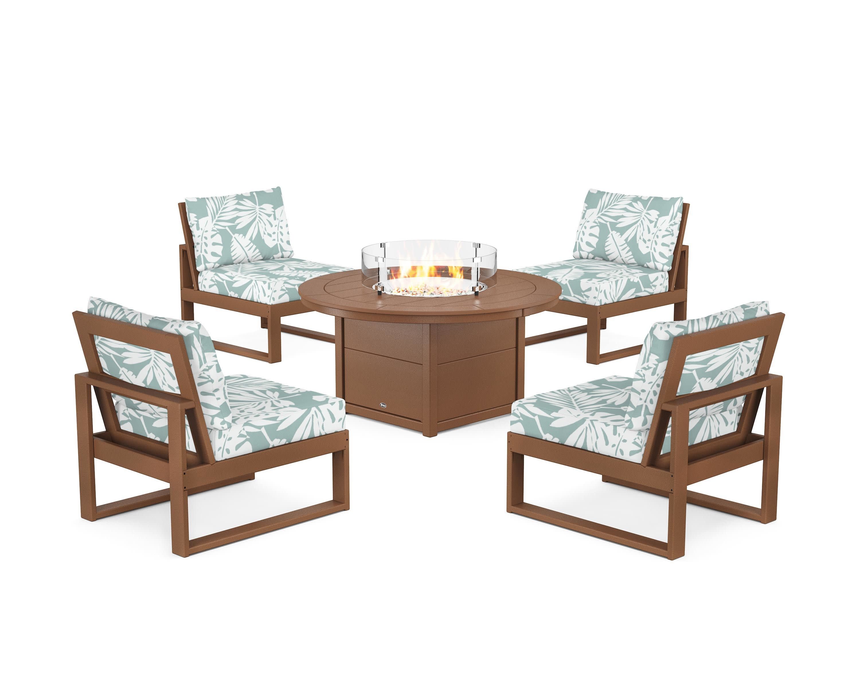 Eastport Modular 5-Piece Deep Seating Set with Round Fire Pit Table in Tree House / Leaf Glacier Spa