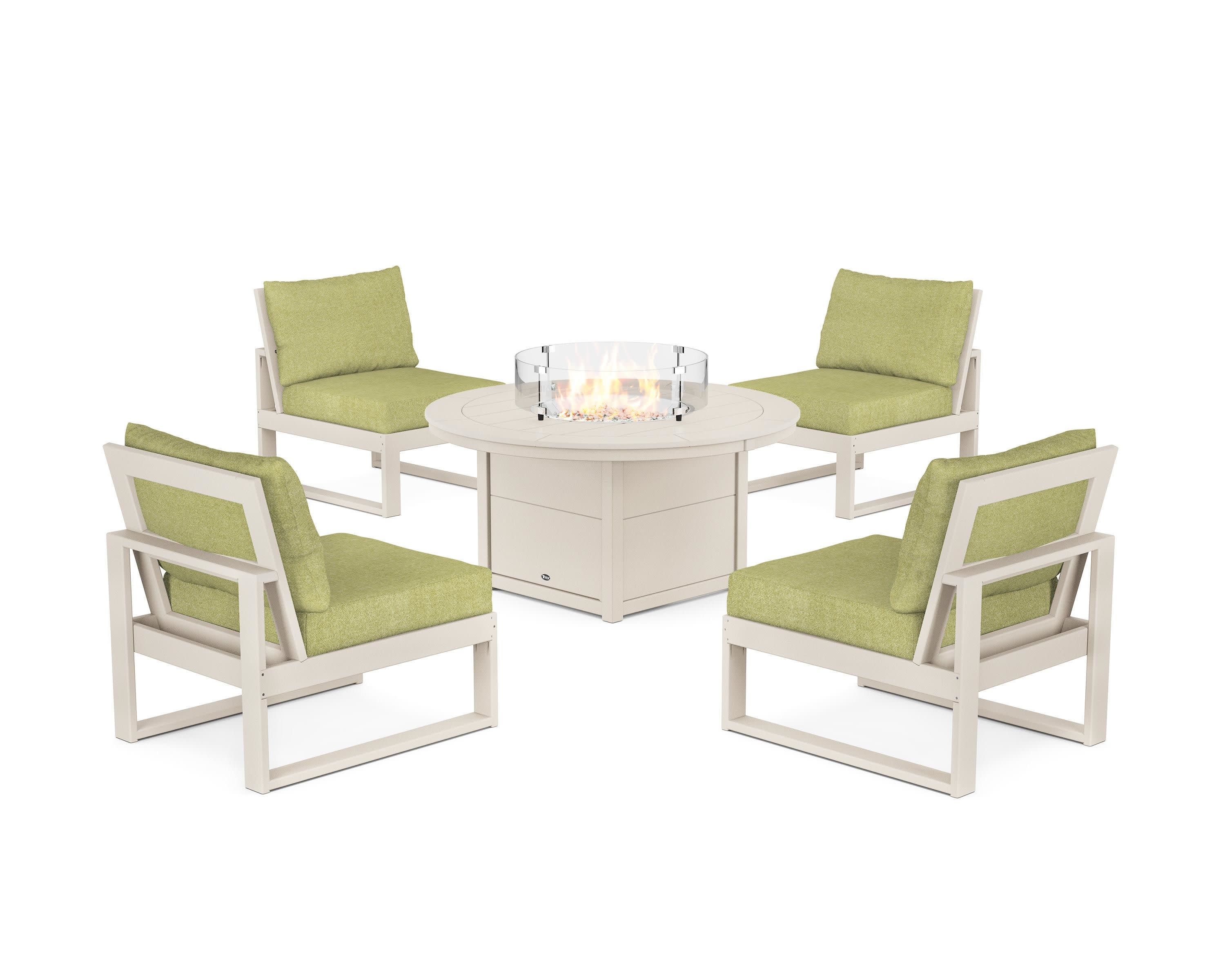 Eastport Modular 5-Piece Deep Seating Set with Round Fire Pit Table in Sand Castle / Chartreuse Boucle