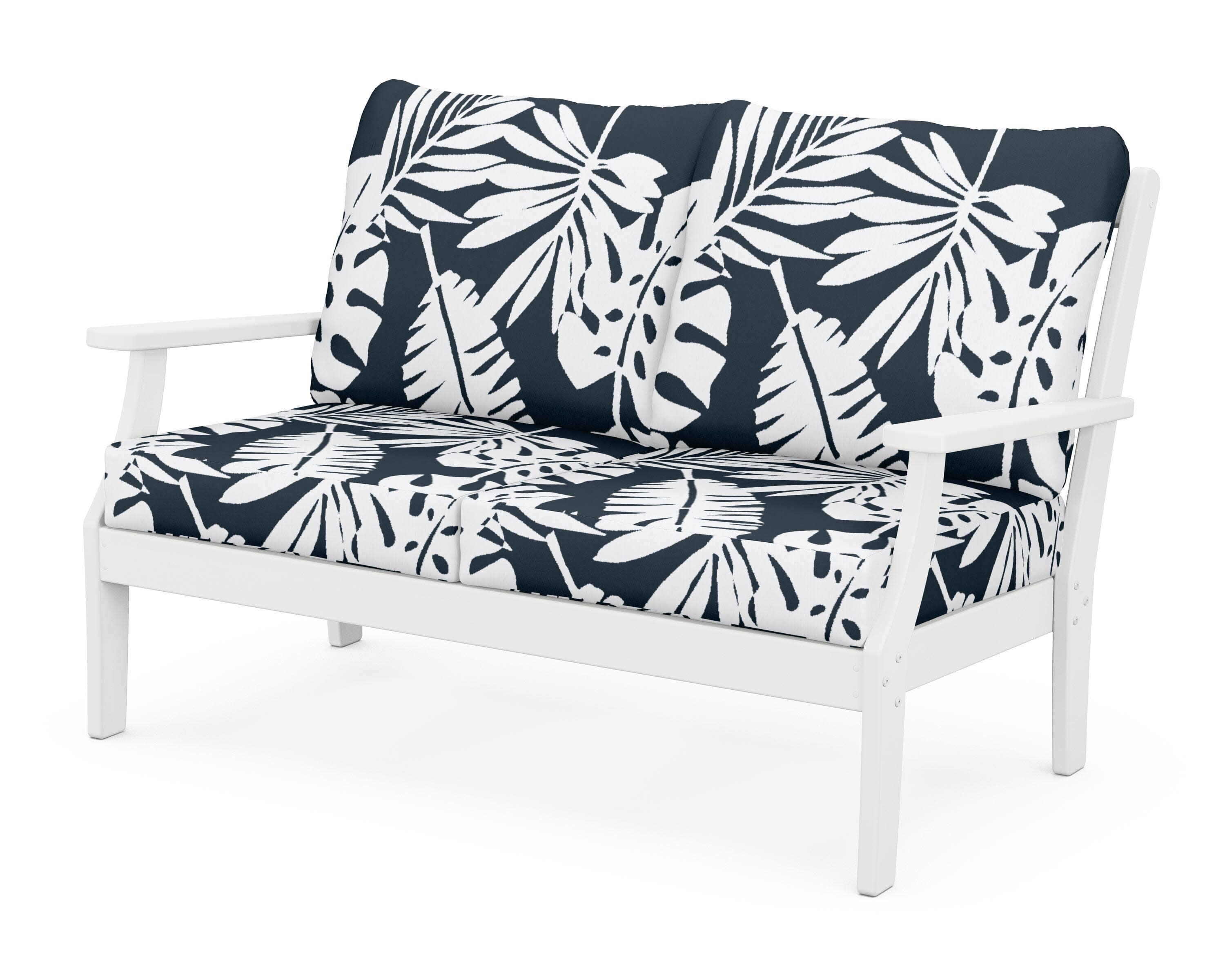 Yacht Club Deep Seating Loveseat in Classic White / Leaf Marine Indigo