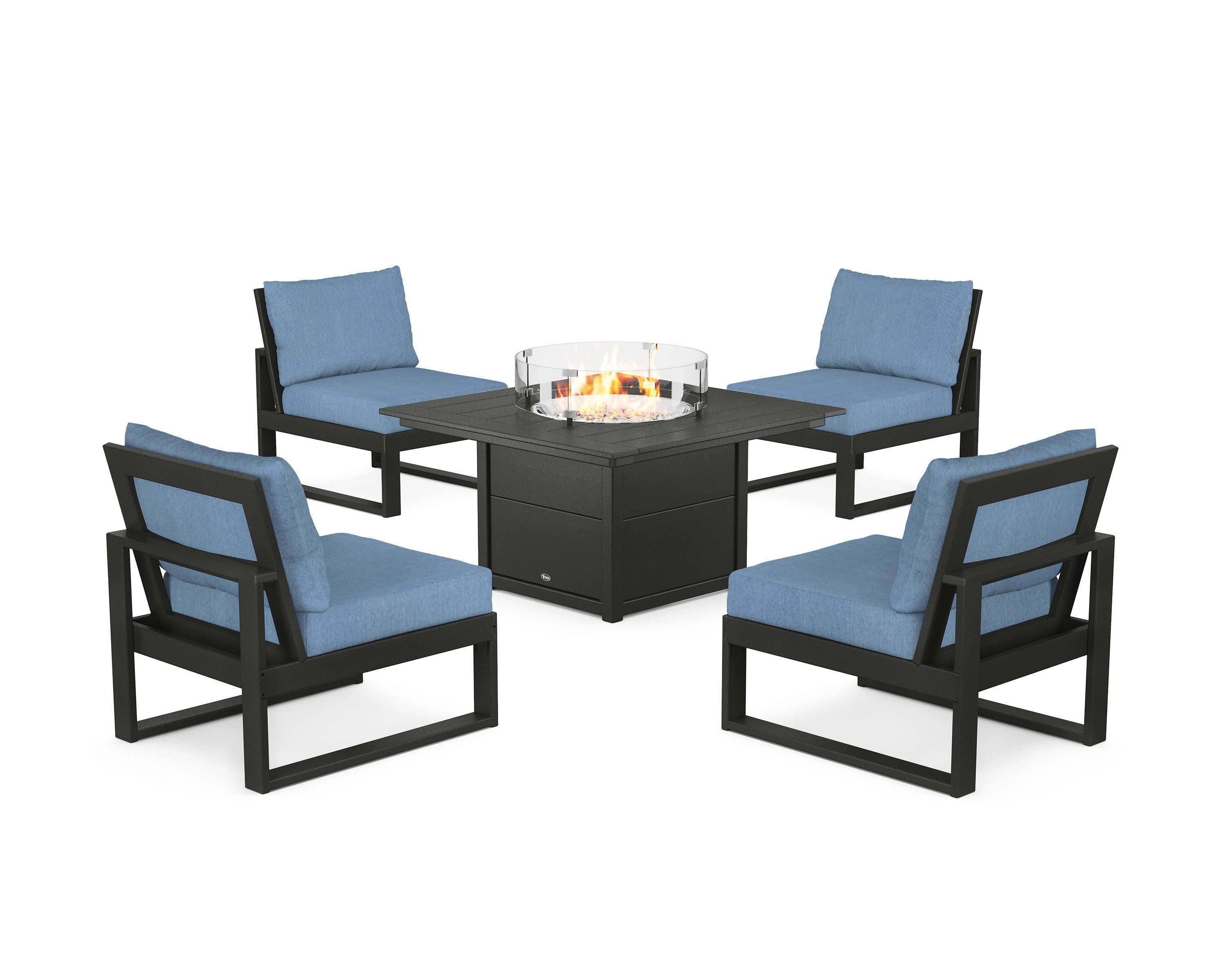 Eastport Modular 5-Piece Deep Seating Set with Square Fire Pit Table in Charcoal Black / Sky Blue
