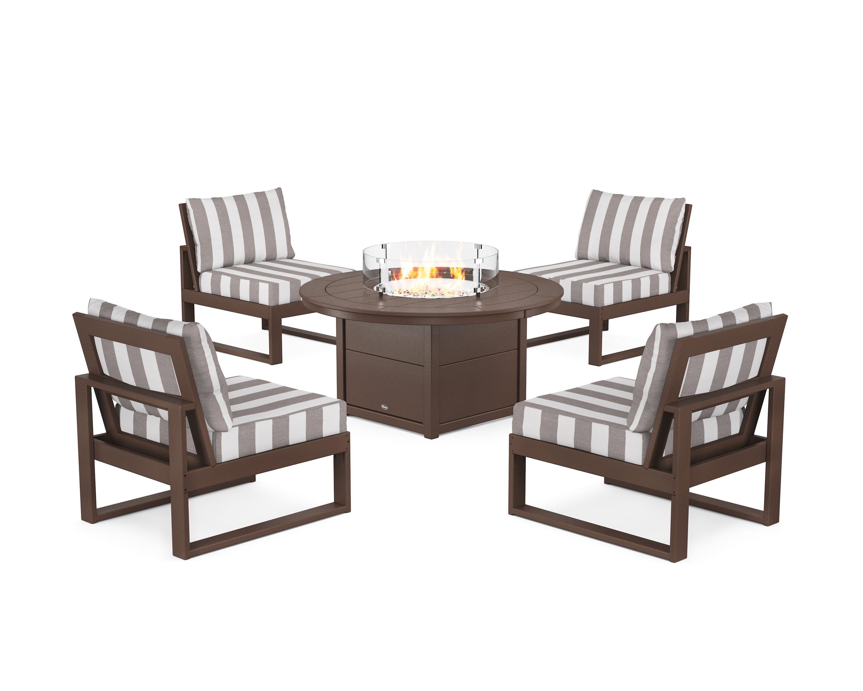 Eastport Modular 5-Piece Deep Seating Set with Round Fire Pit Table in Vintage Lantern / Cabana Stripe Grey Mist