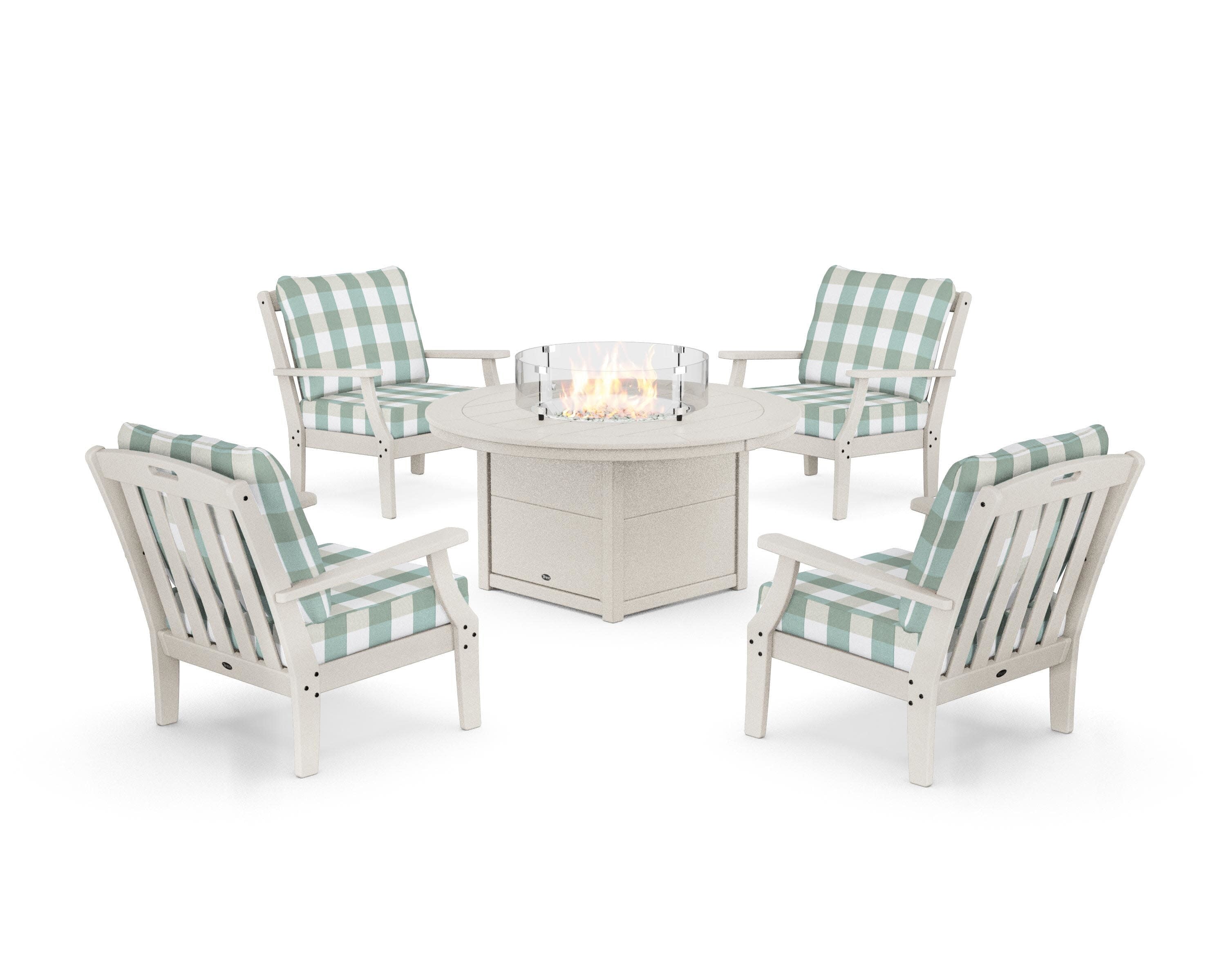 Yacht Club 5-Piece Deep Seating Set with Round Fire Pit Table in Sand Castle / Buffalo Plaid Glacier Spa