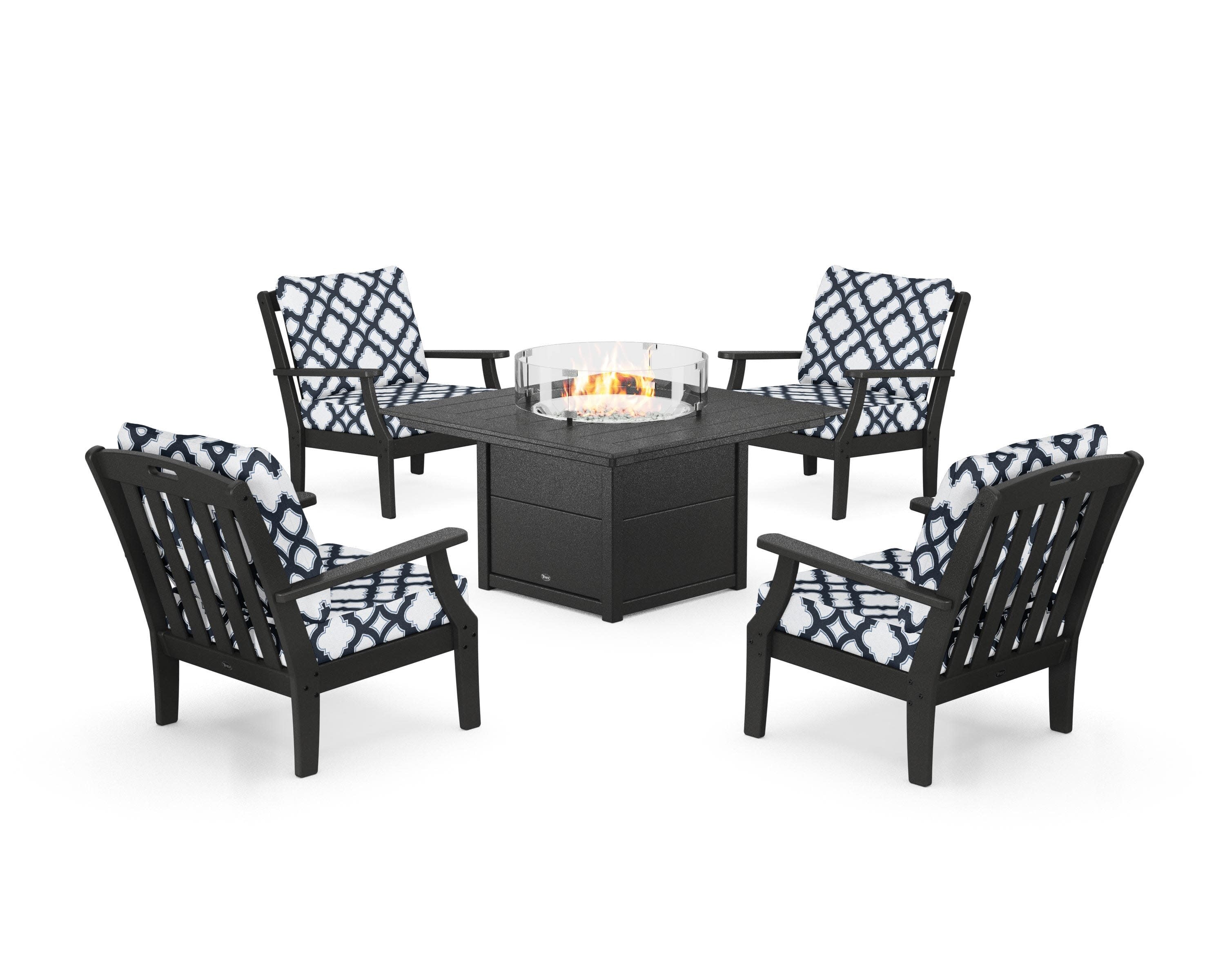 Yacht Club 5-Piece Deep Seating Set with Square Fire Pit Table in Charcoal Black / Trellis Marine Indigo