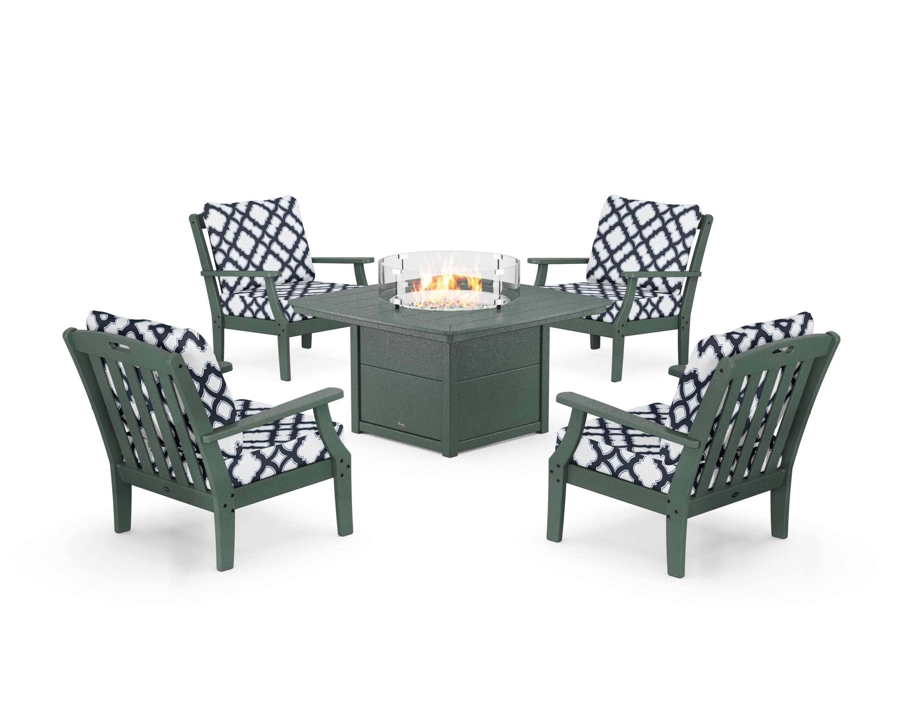 Yacht Club 5-Piece Deep Seating Set with Fire Pit Table in Rainforest Canopy / Trellis Marine Indigo