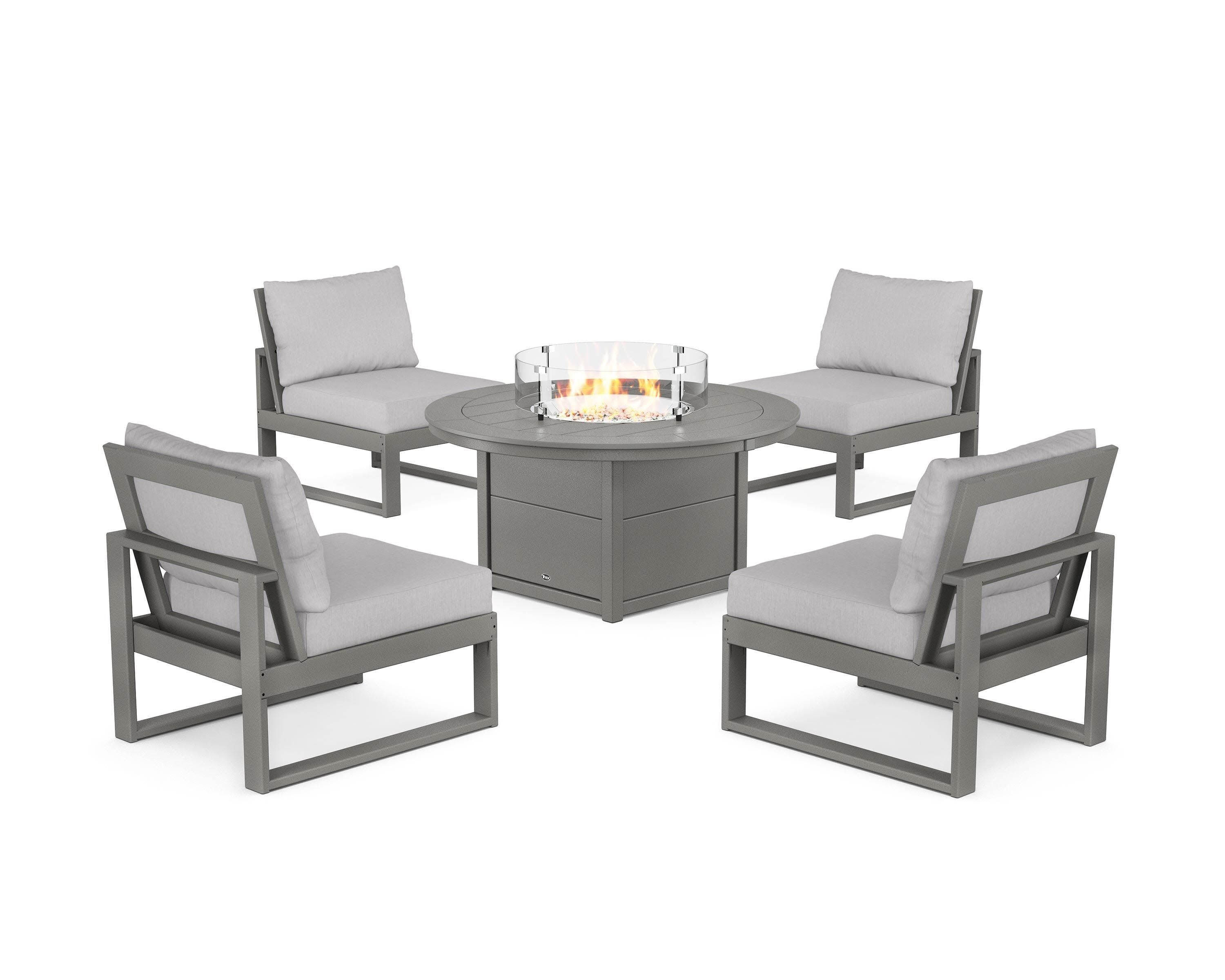 Eastport Modular 5-Piece Deep Seating Set with Round Fire Pit Table in Stepping Stone / Granite