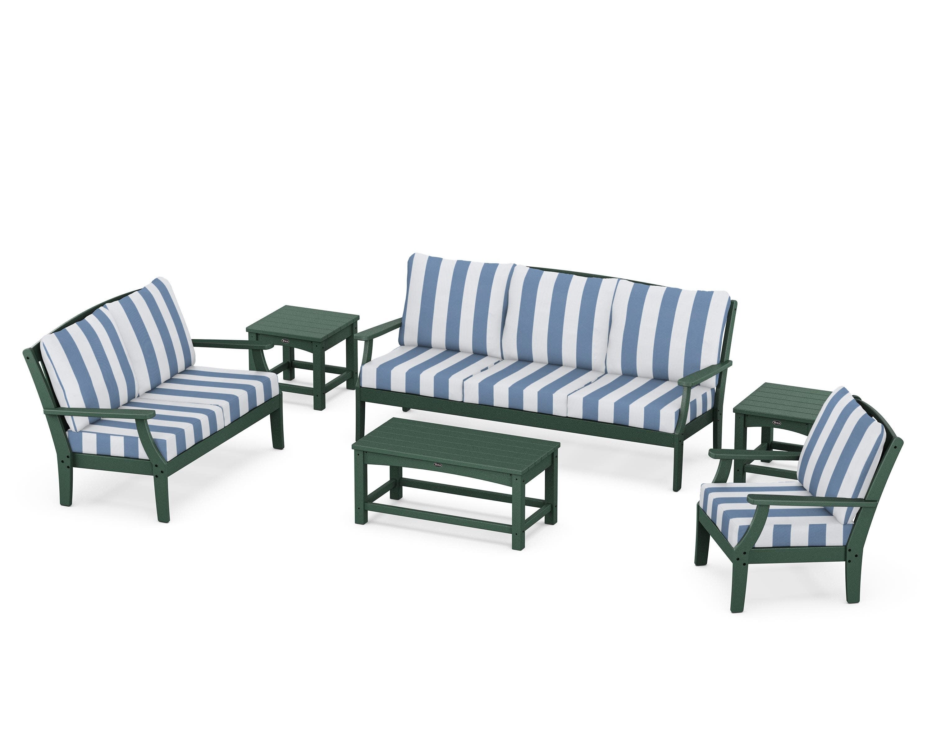 Yacht Club 6-Piece Deep Seating Set in Rainforest Canopy / Cabana Stripe Sky Blue