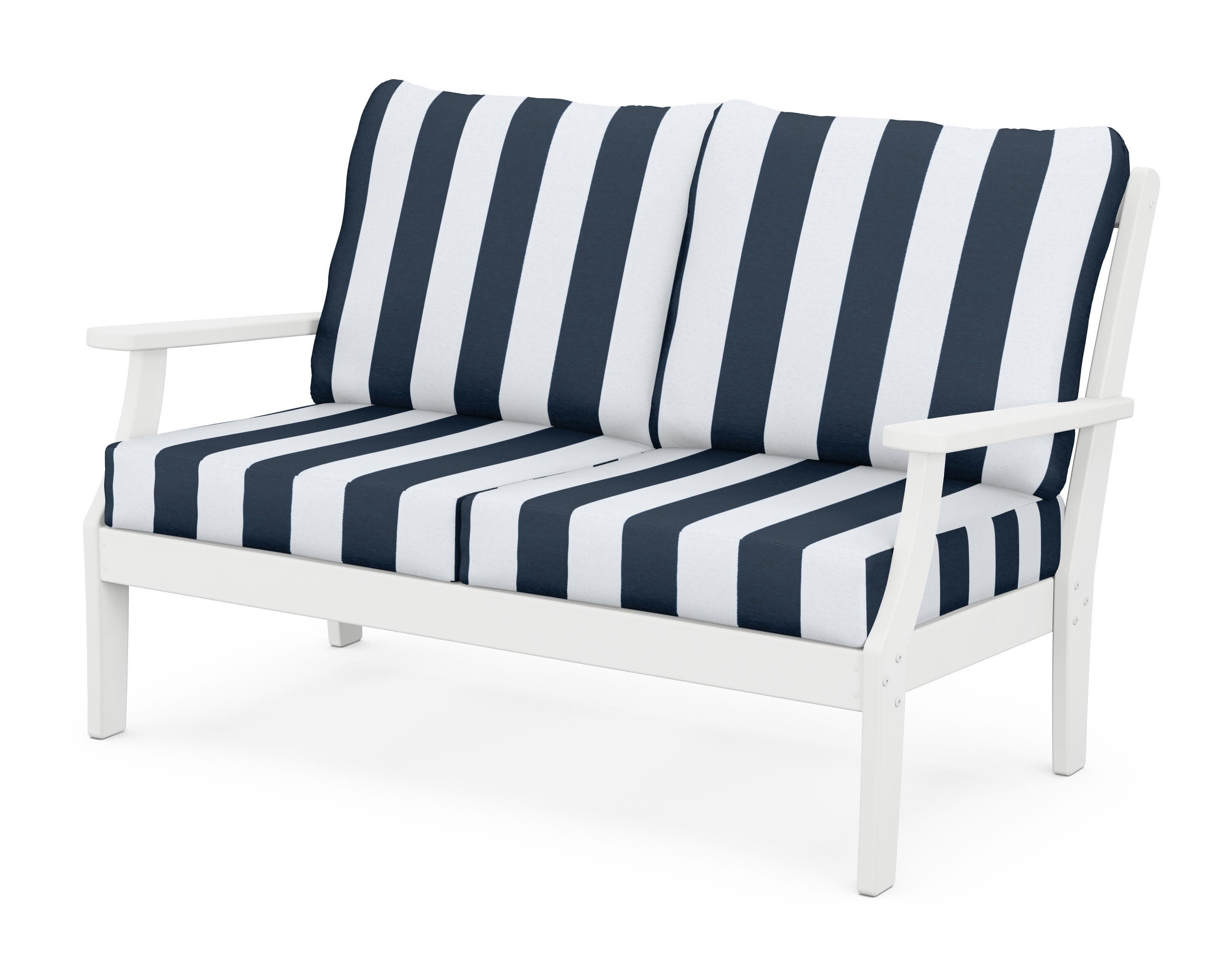 Yacht Club Deep Seating Loveseat in Classic White / Cabana Stripe Marine Indigo