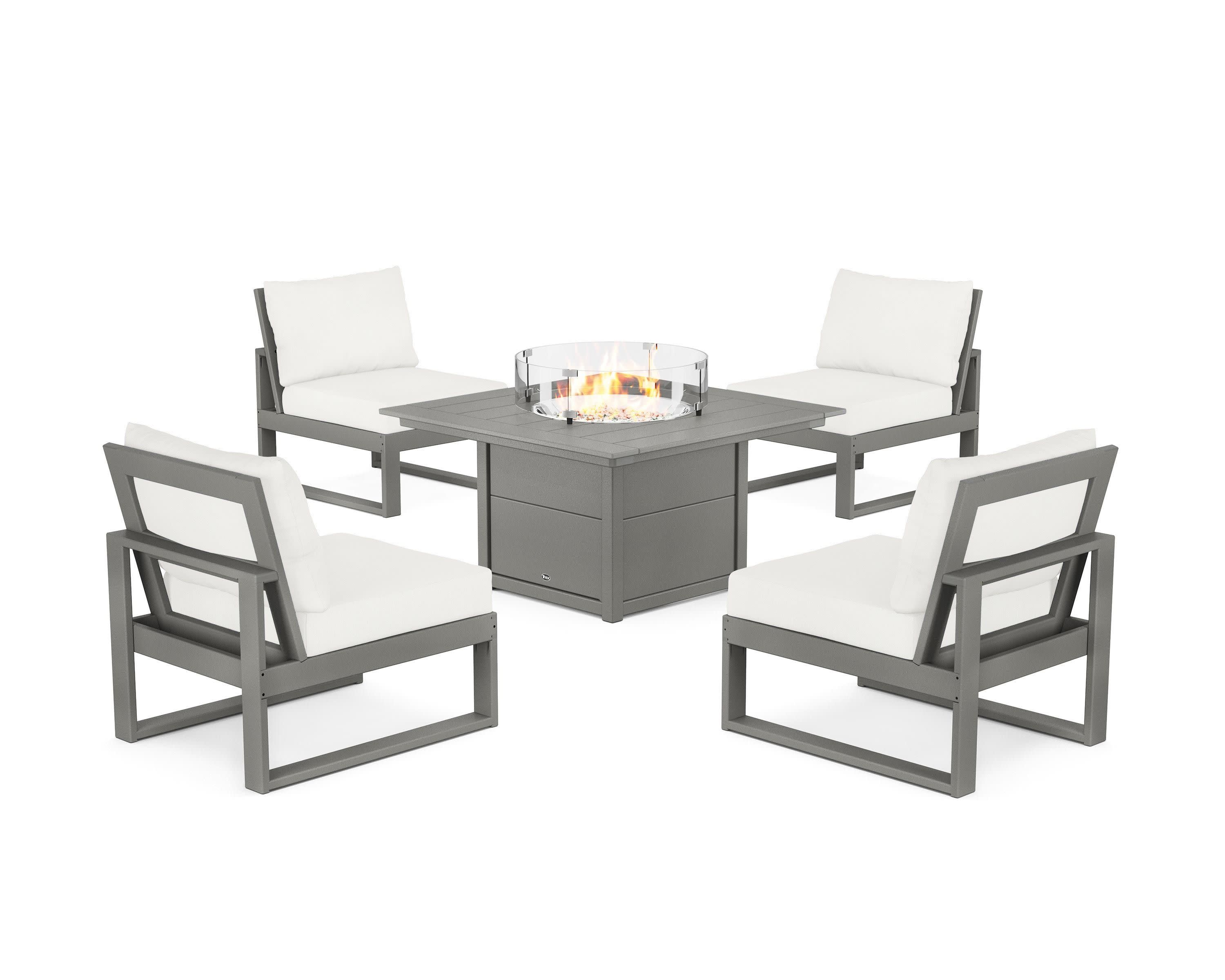 Eastport Modular 5-Piece Deep Seating Set with Square Fire Pit Table in Stepping Stone / Natural Linen