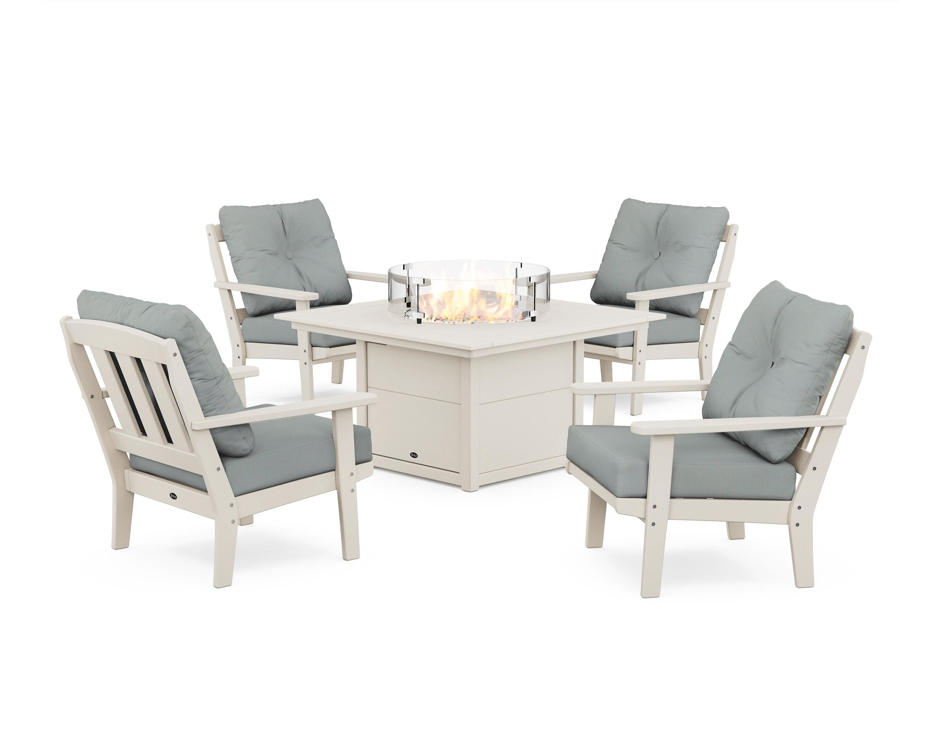 Cape Cod 5-Piece Deep Seating Set with Fire Pit Table in Sand Castle / Spa