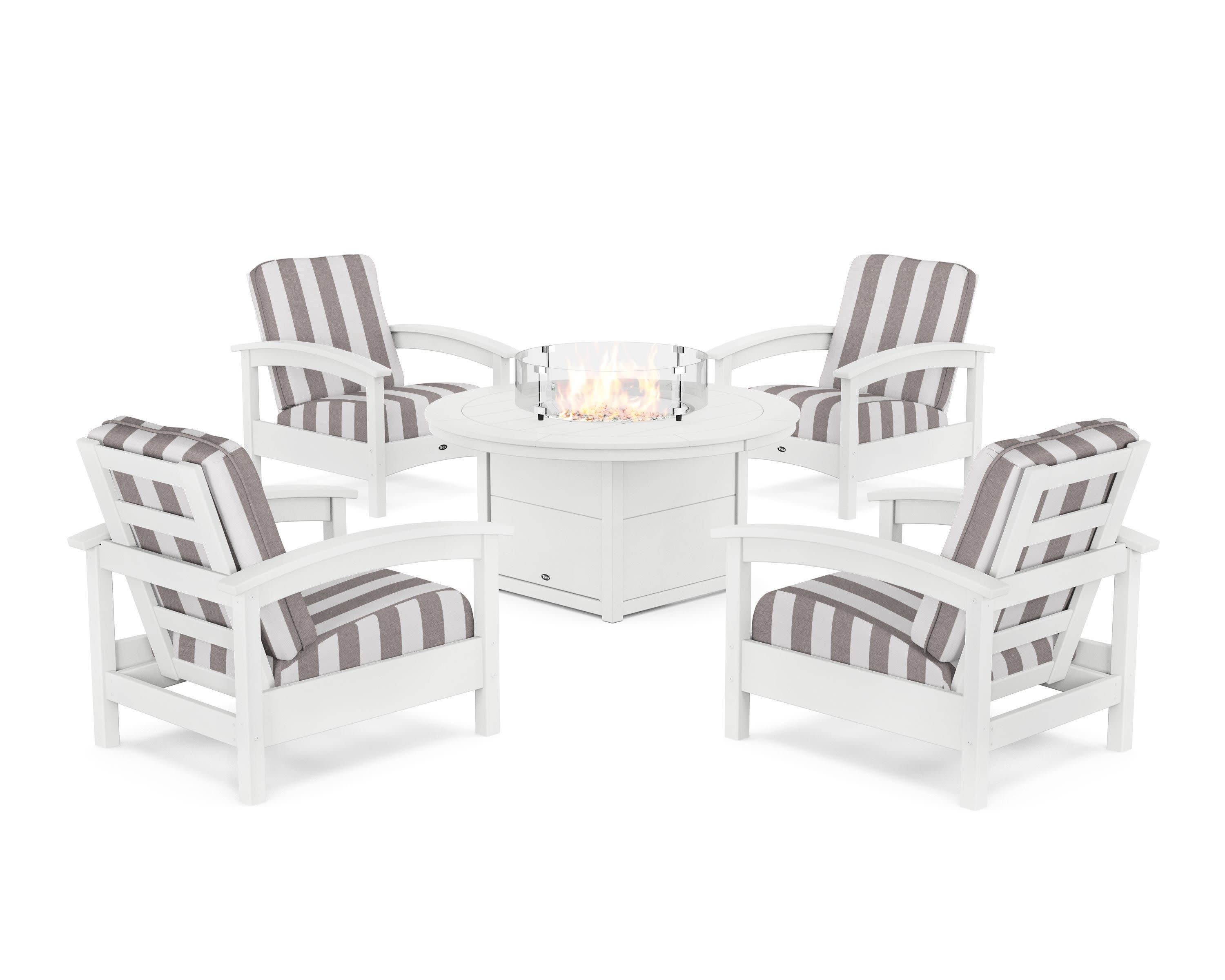 Rockport 5-Piece Deep Seating Set with Round Fire Pit Table in Classic White / Cabana Stripe Grey Mist