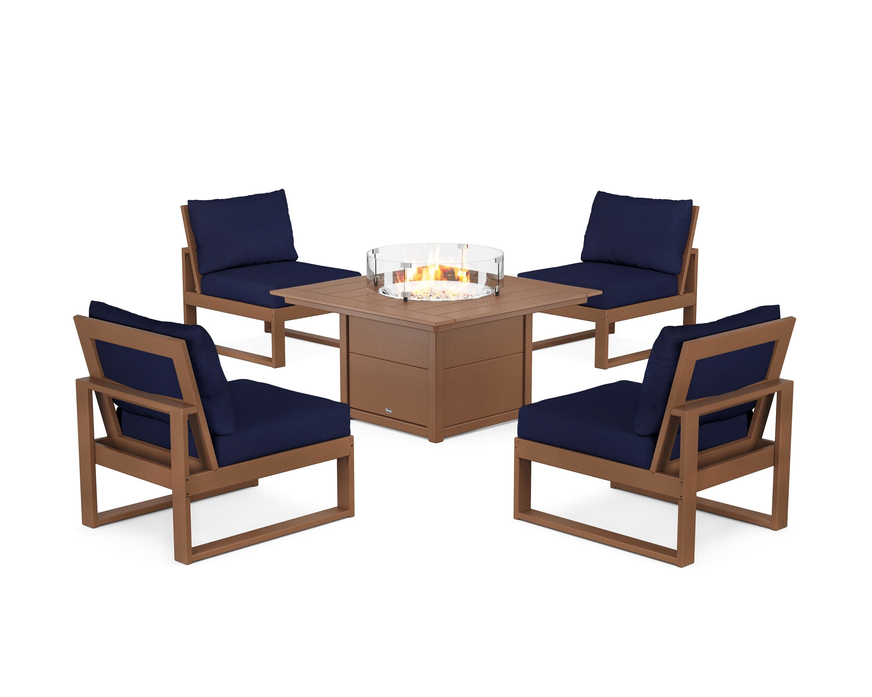 Eastport Modular 5-Piece Deep Seating Set with Square Fire Pit Table in Tree House / Navy