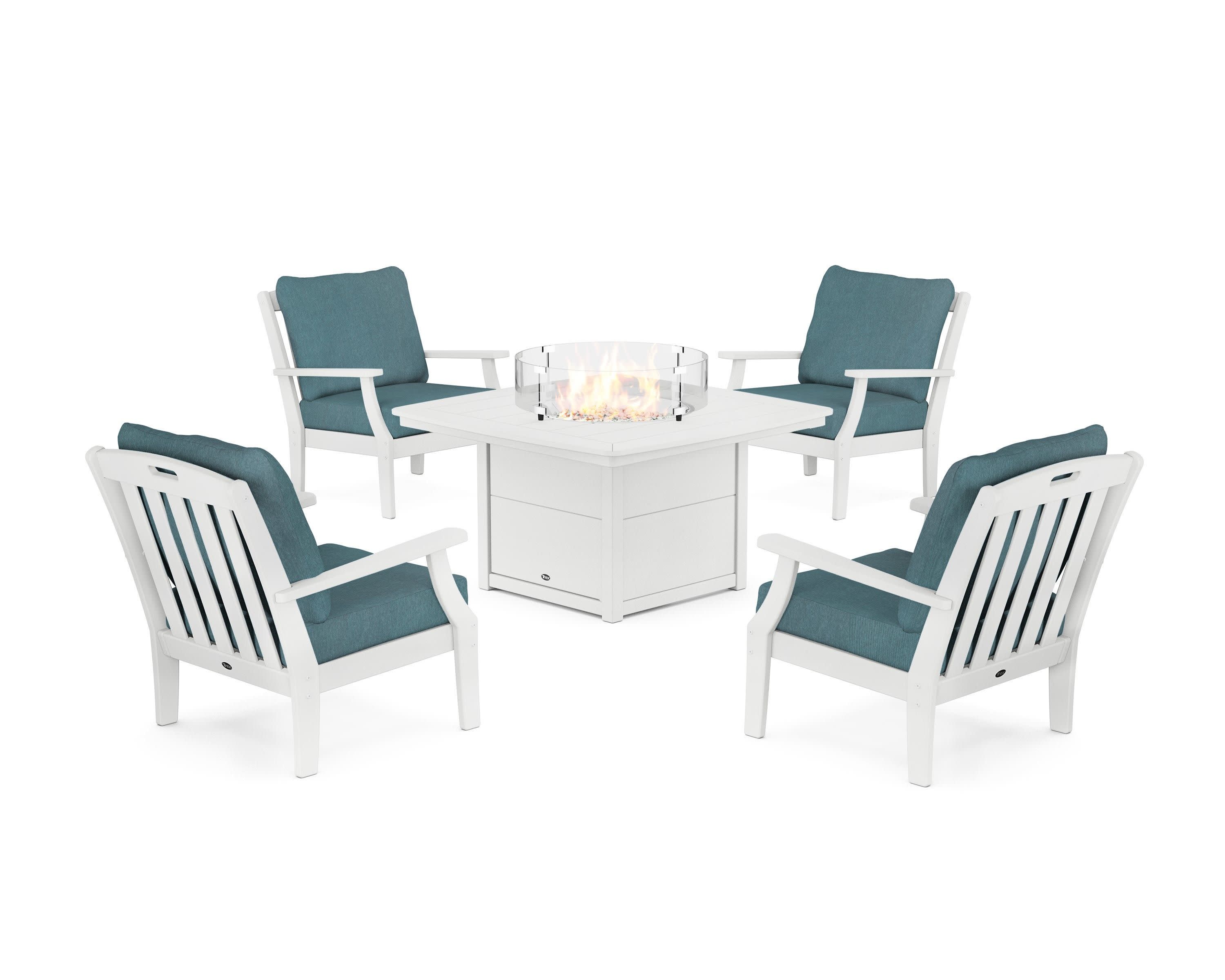 Yacht Club 5-Piece Deep Seating Set with Fire Pit Table in Classic White / Ocean Teal