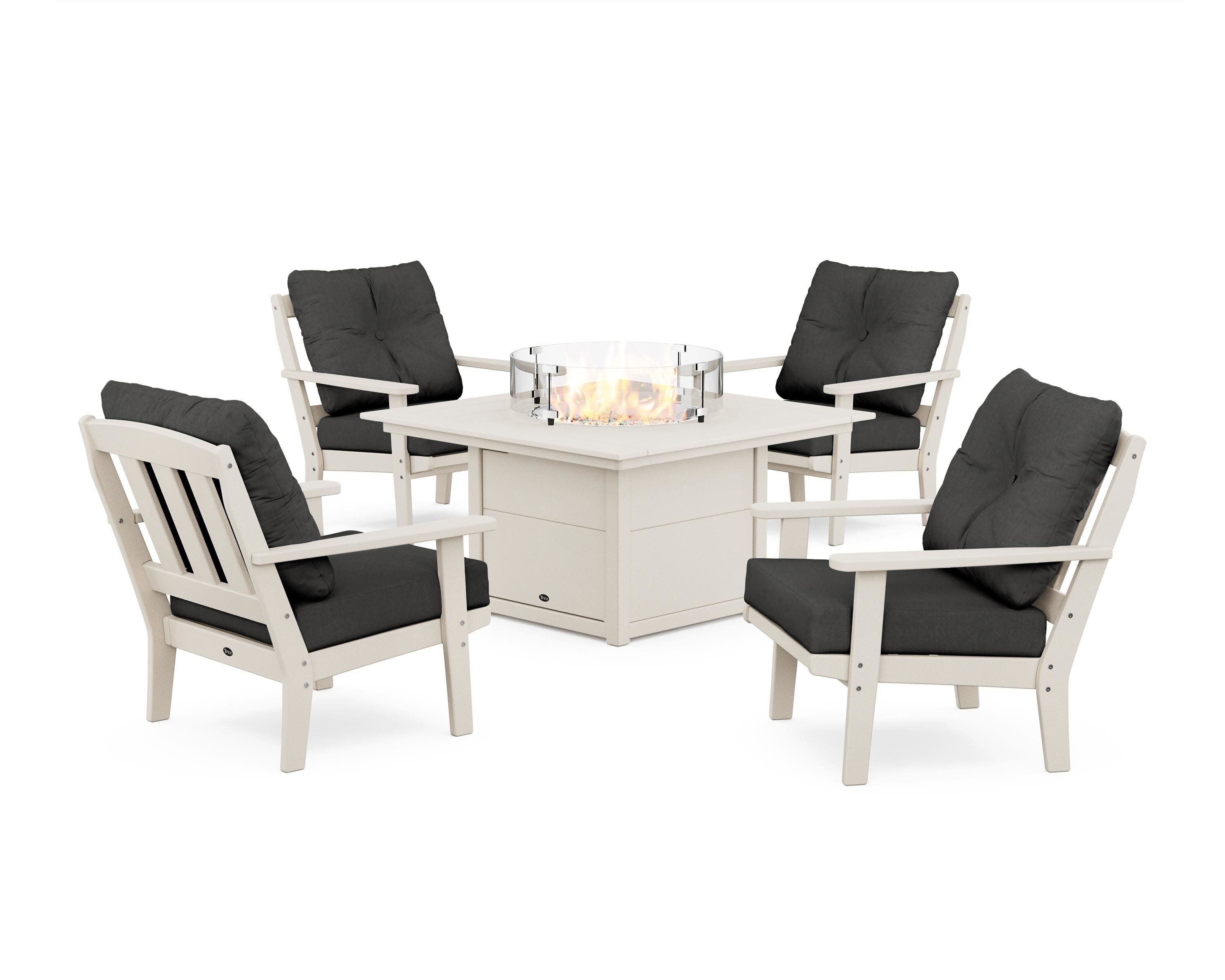 Cape Cod 5-Piece Deep Seating Set with Fire Pit Table in Sand Castle / Spectrum Carbon