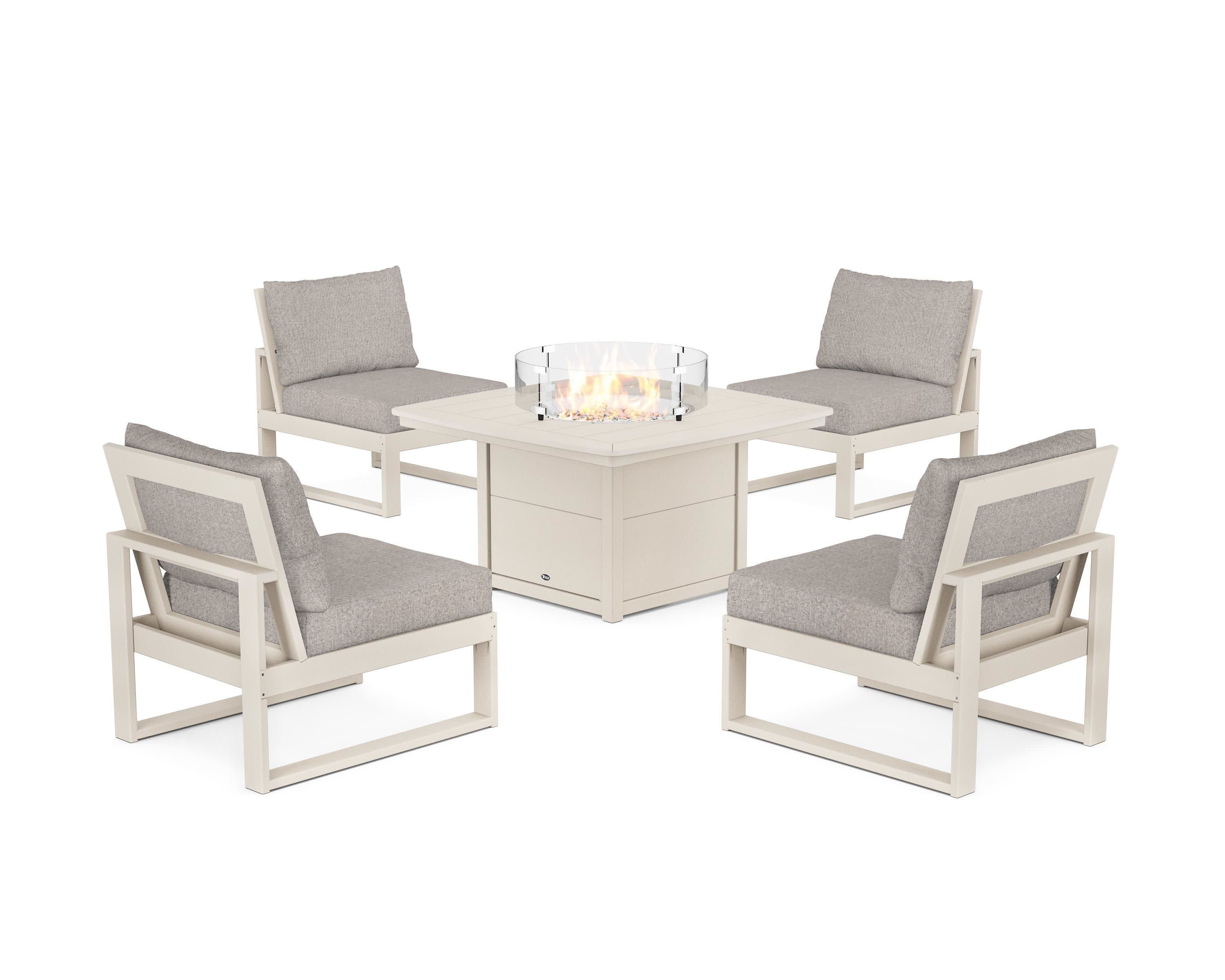 Eastport Modular 5-Piece Deep Seating Set with Yacht Club Fire Pit Table in Sand Castle / Weathered Tweed