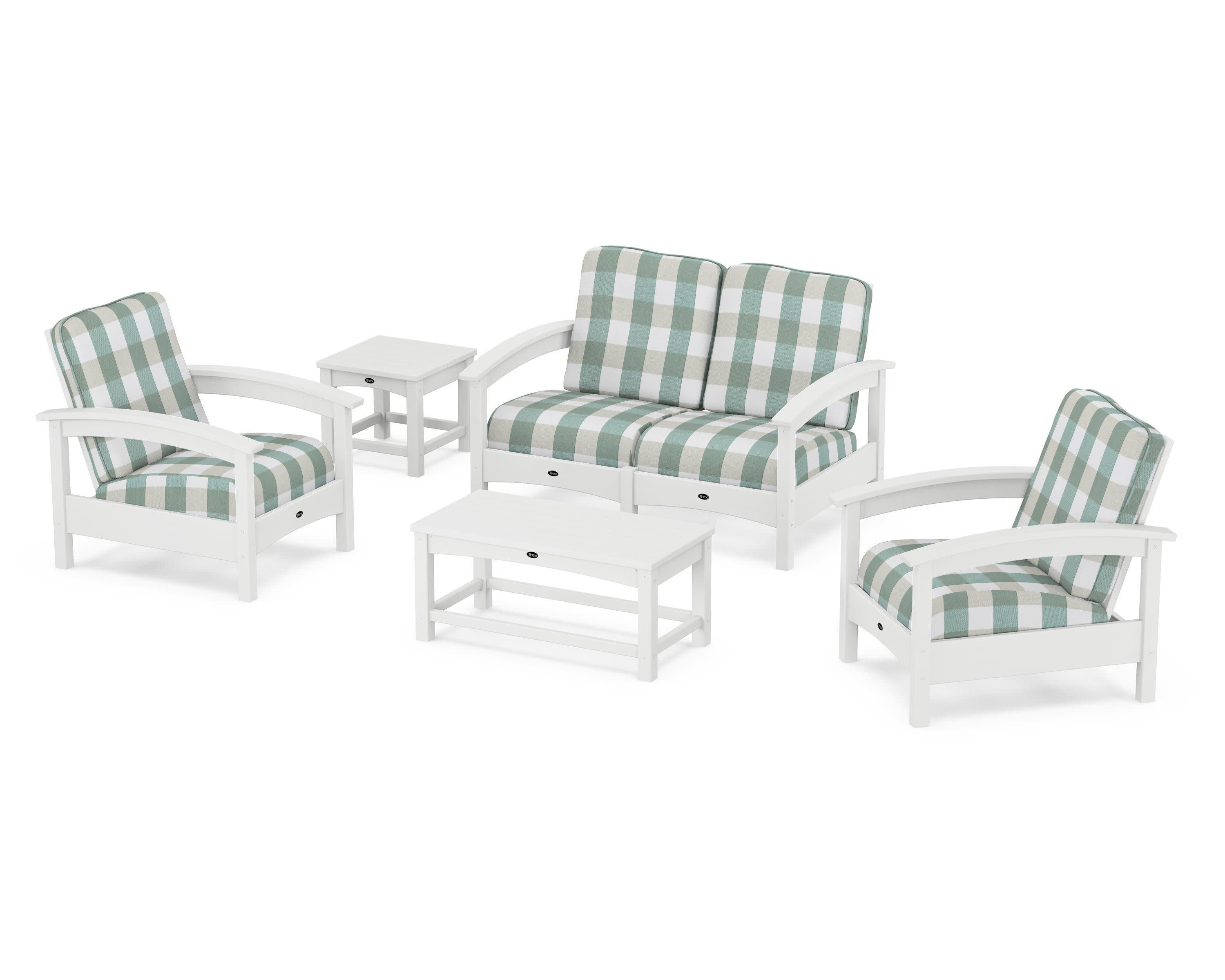 Rockport Club 6-Piece Deep Seating Conversation Set in Classic White / Buffalo Plaid Glacier Spa
