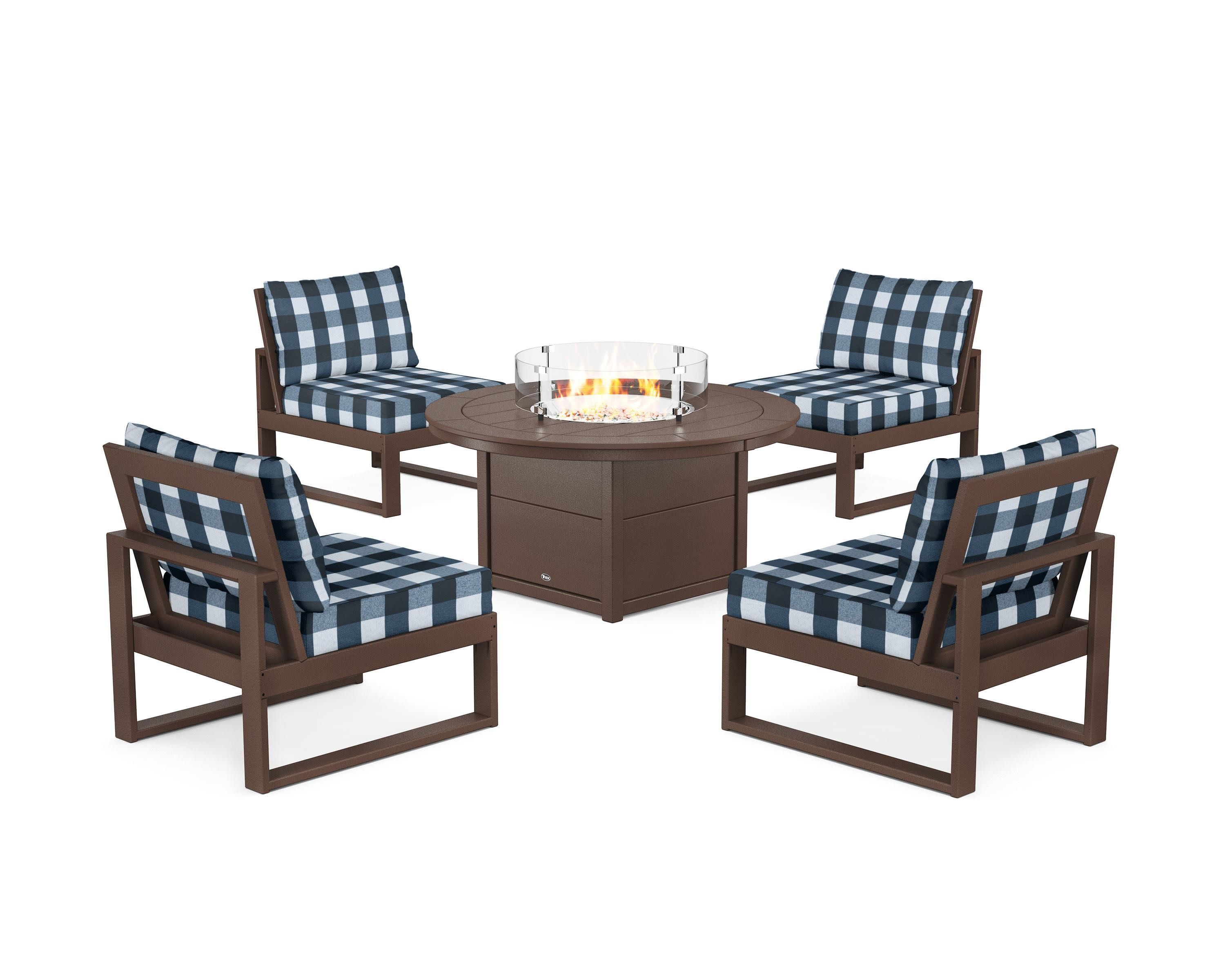 Eastport Modular 5-Piece Deep Seating Set with Round Fire Pit Table in Vintage Lantern / Buffalo Plaid Marine Indigo