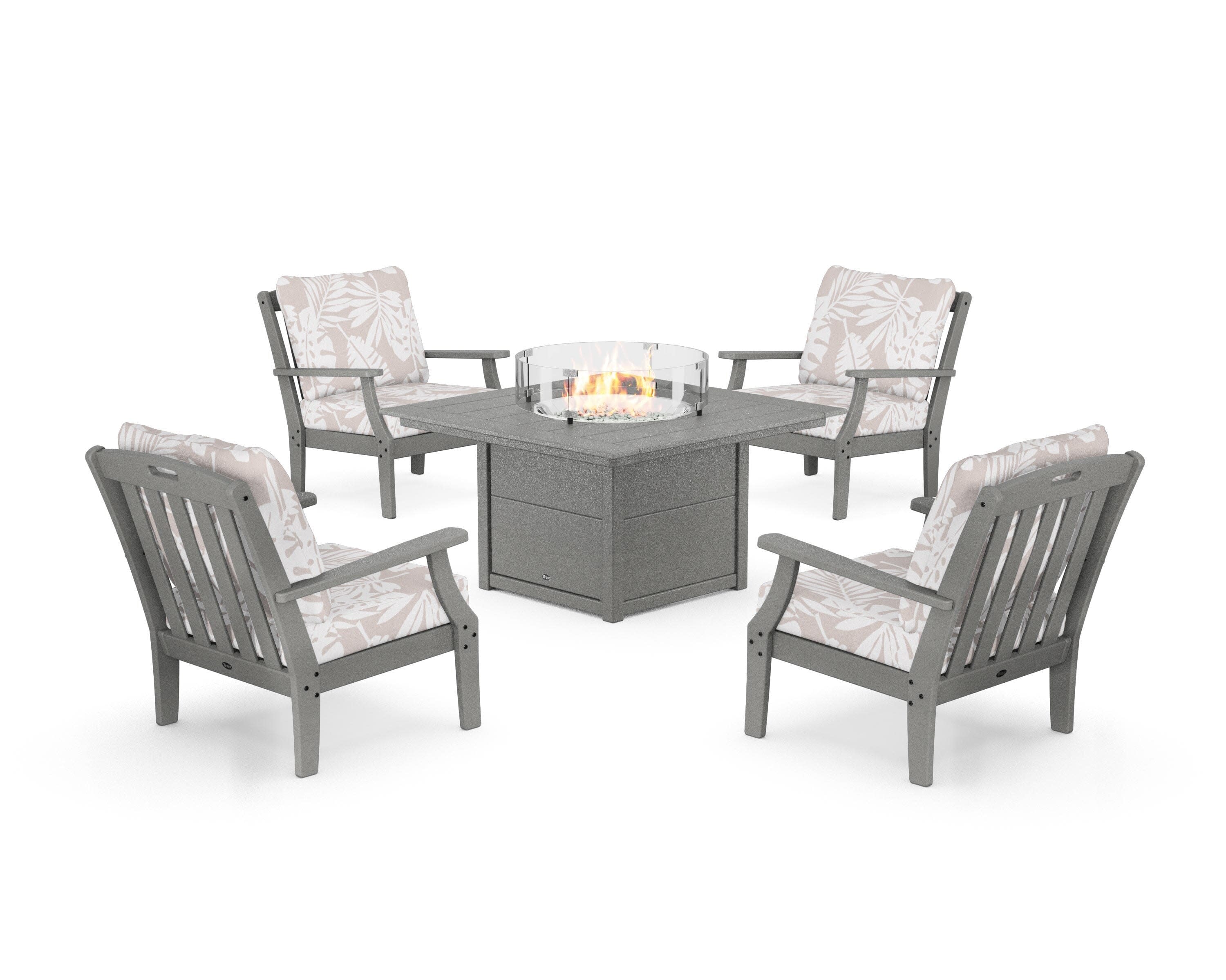 Yacht Club 5-Piece Deep Seating Set with Square Fire Pit Table in Stepping Stone / Leaf Dune Burlap