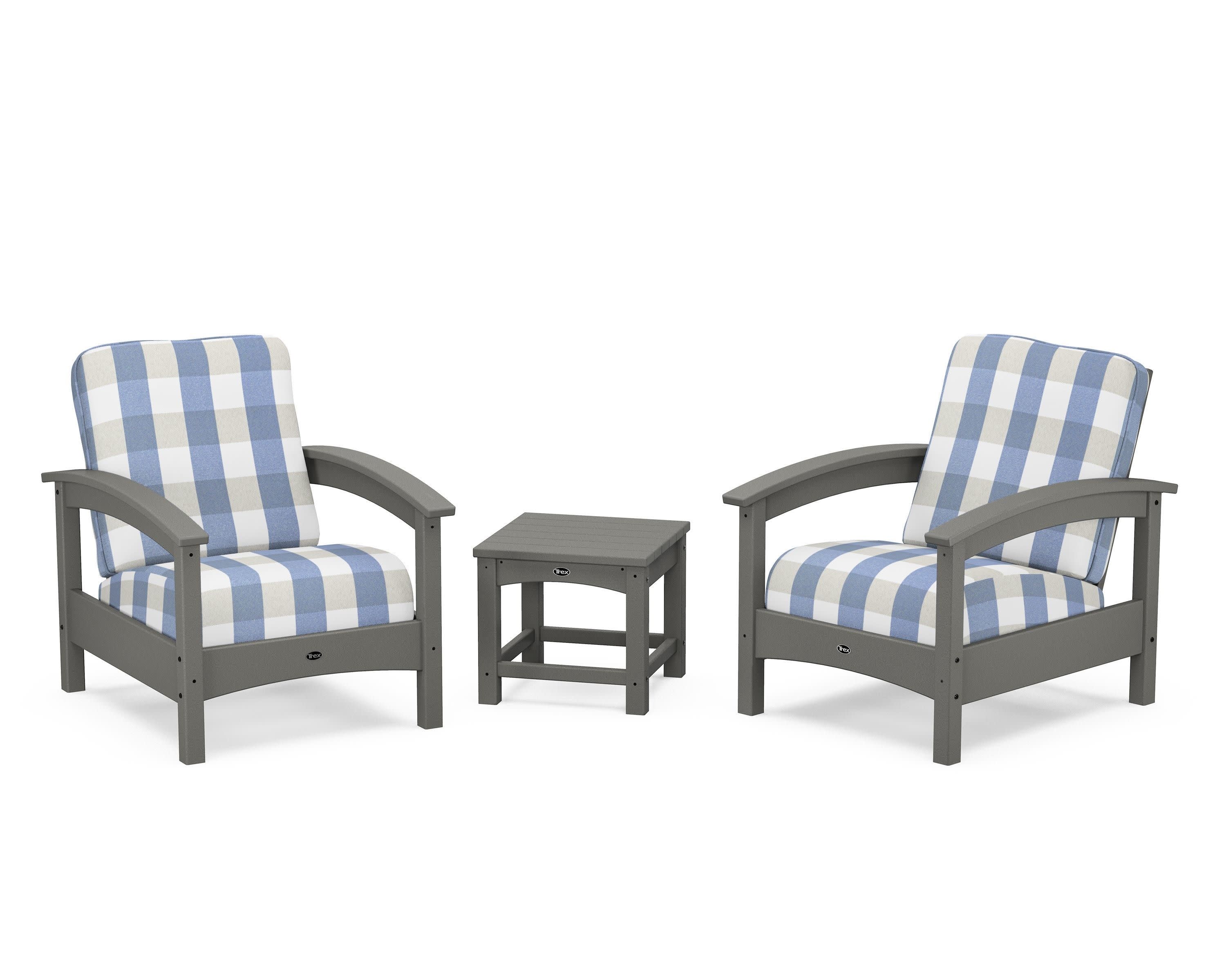 Rockport Club 3-Piece Deep Seating Conversation Set in Stepping Stone / Buffalo Plaid Sky Blue