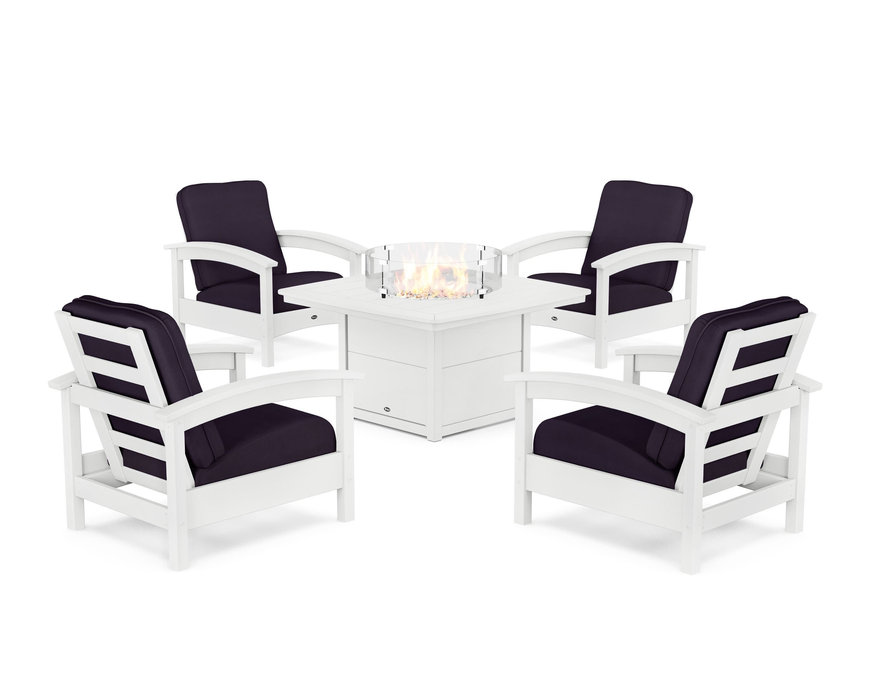 Rockport 5-Piece Deep Seating Set with Yacht Club Fire Pit Table in Classic White / Navy Linen