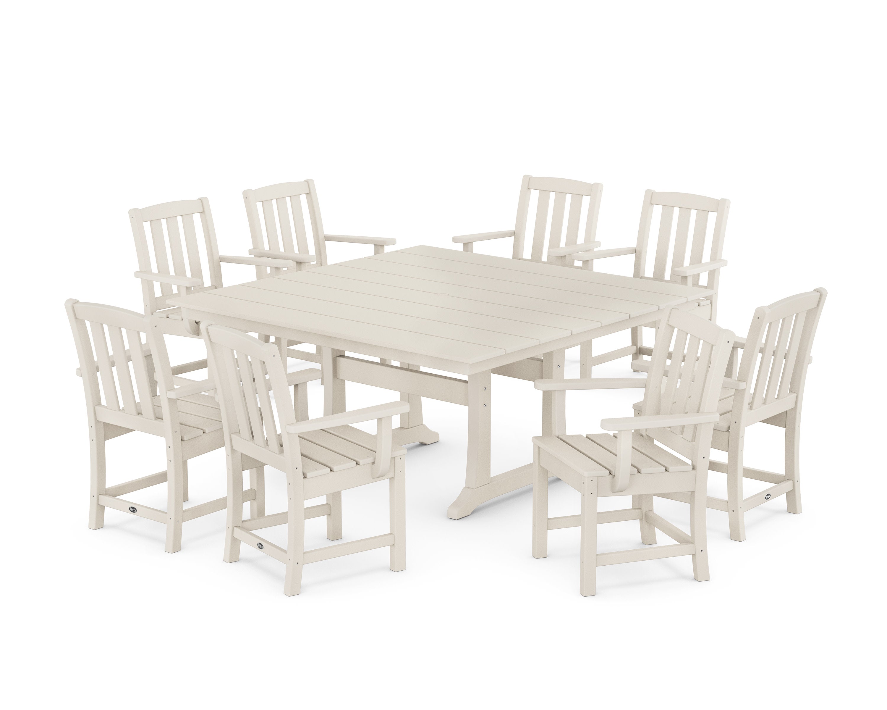 Cape Cod 9-Piece Square Farmhouse Dining Set with Trestle Legs in Sand Castle