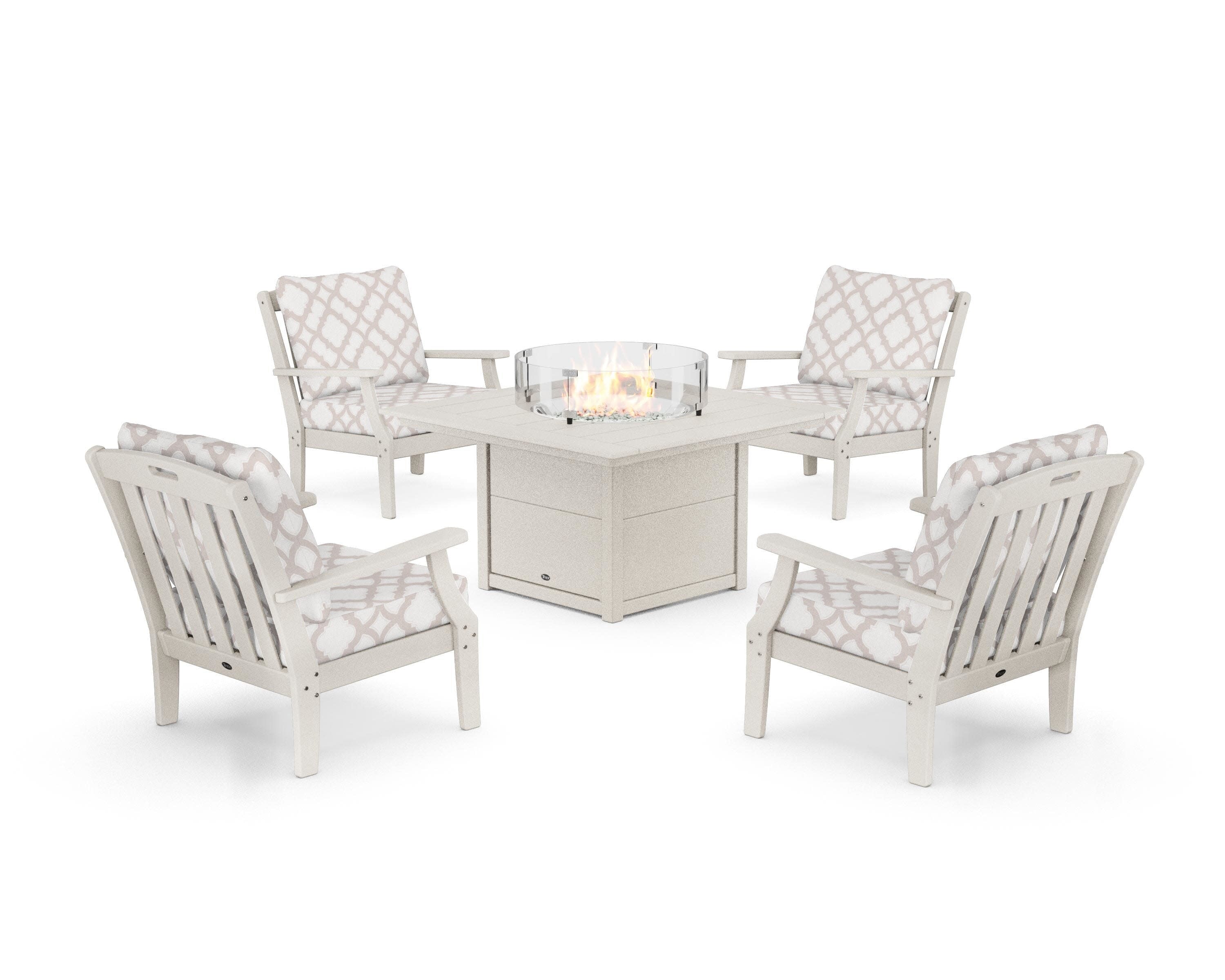 Yacht Club 5-Piece Deep Seating Set with Square Fire Pit Table in Sand Castle / Trellis Dune Burlap