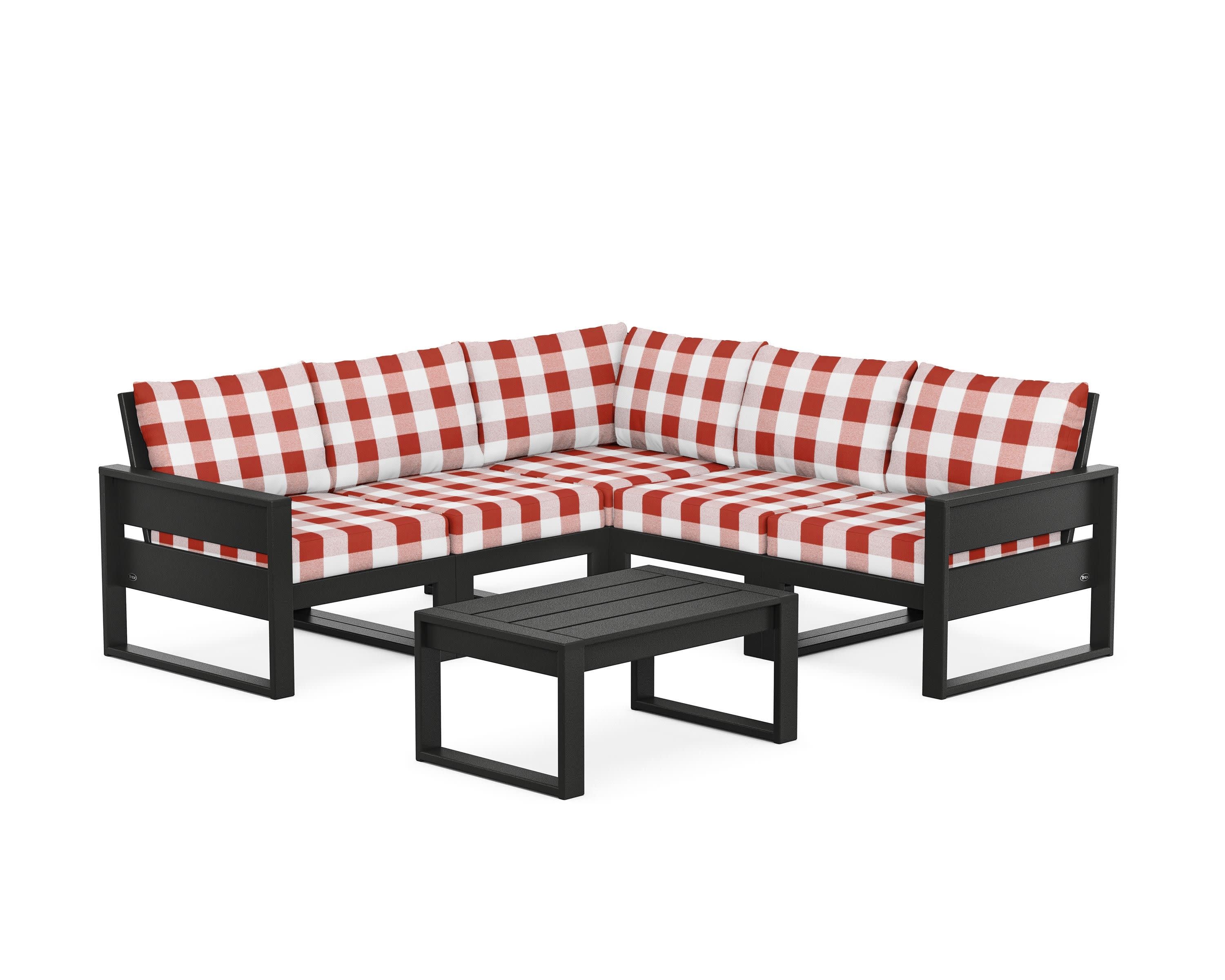 Eastport 6-Piece Deep Seating Sectional + Coffee Table Set in Charcoal Black / Buffalo Plaid Crimson