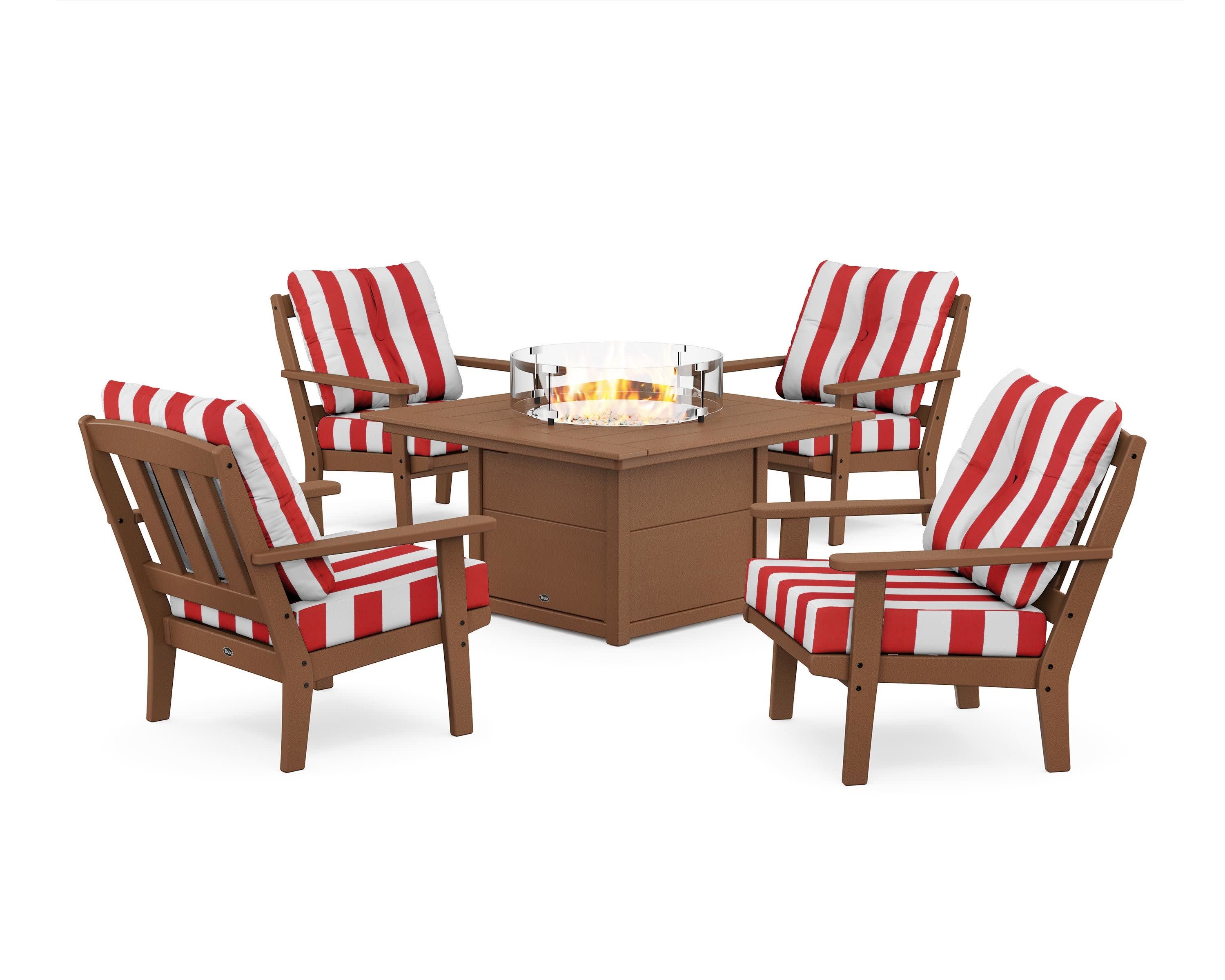 Cape Cod 5-Piece Deep Seating Set with Fire Pit Table in Tree House / Cabana Stripe Crimson