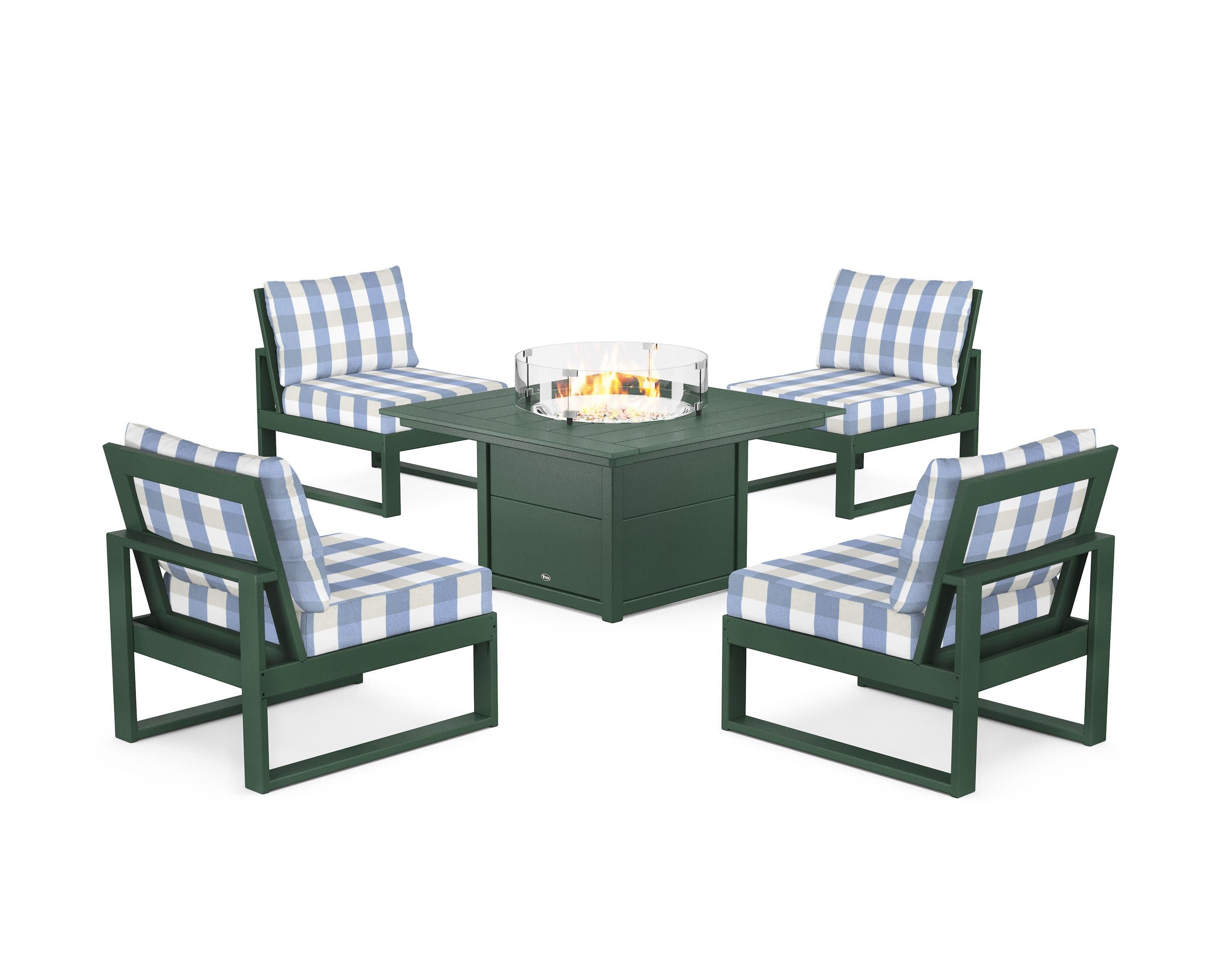 Eastport Modular 5-Piece Deep Seating Set with Square Fire Pit Table in Rainforest Canopy / Buffalo Plaid Sky Blue