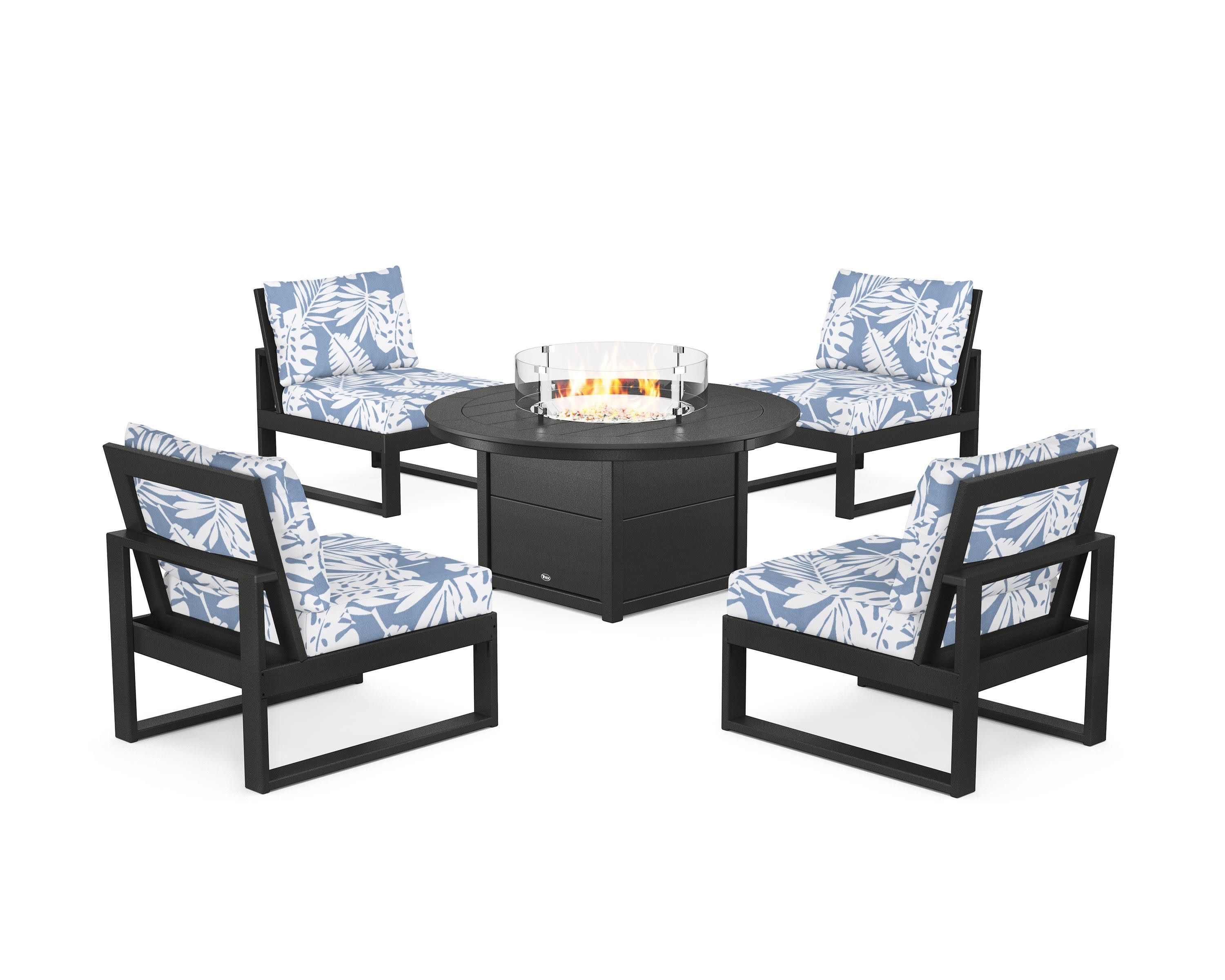 Eastport Modular 5-Piece Deep Seating Set with Round Fire Pit Table in Charcoal Black / Leaf Sky Blue