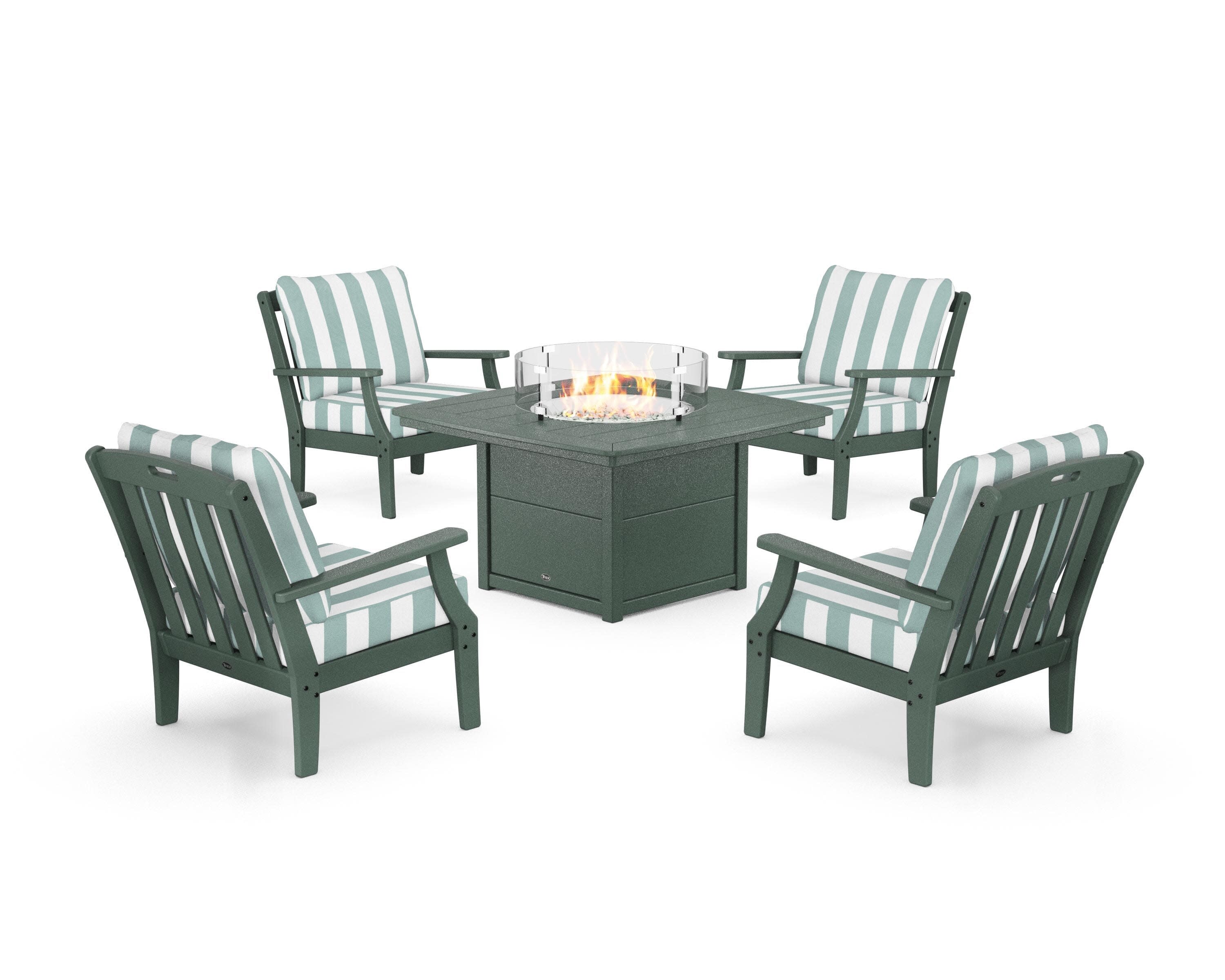 Yacht Club 5-Piece Deep Seating Set with Fire Pit Table in Rainforest Canopy / Cabana Stripe Glacier Spa