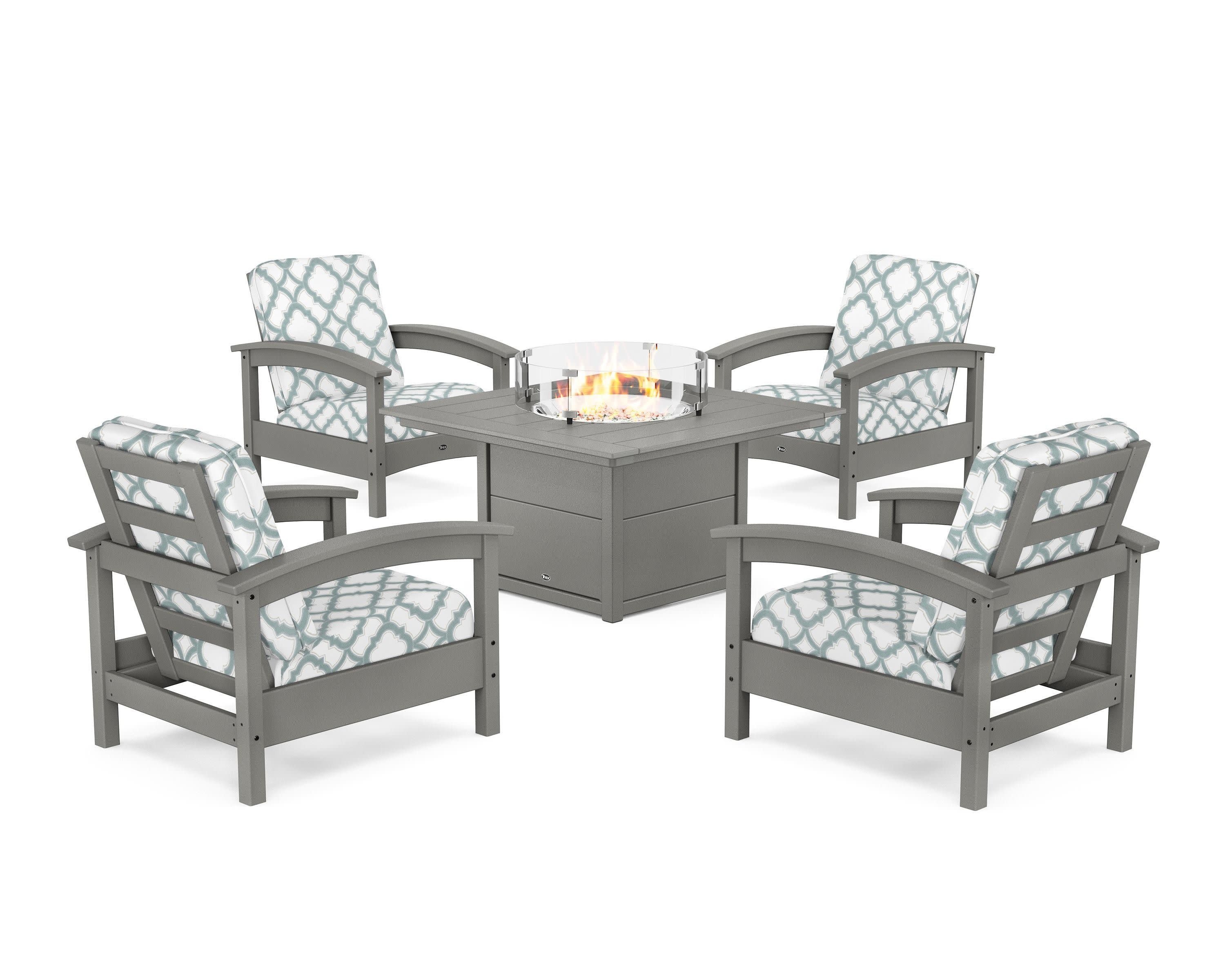 Rockport 5-Piece Deep Seating Set with Square Fire Pit Table in Stepping Stone / Trellis Glacier Spa