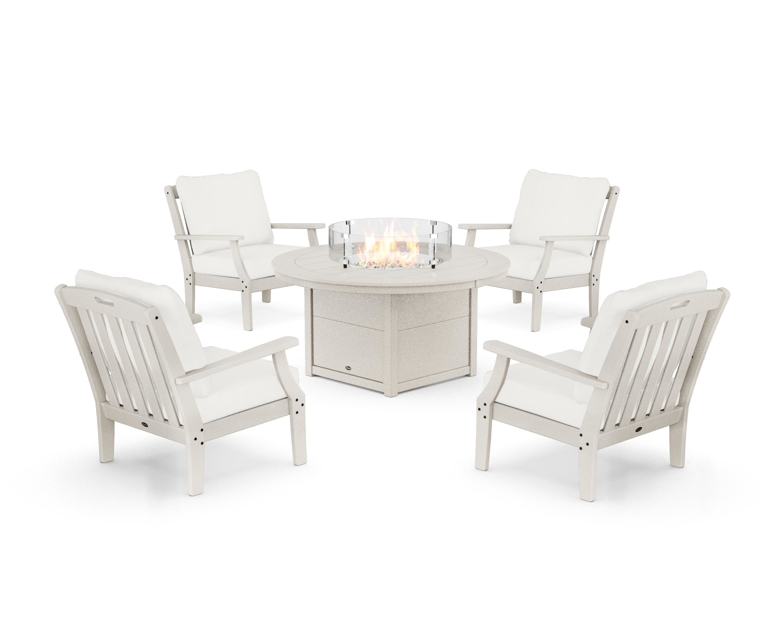 Yacht Club 5-Piece Deep Seating Set with Round Fire Pit Table in Sand Castle / Natural Linen