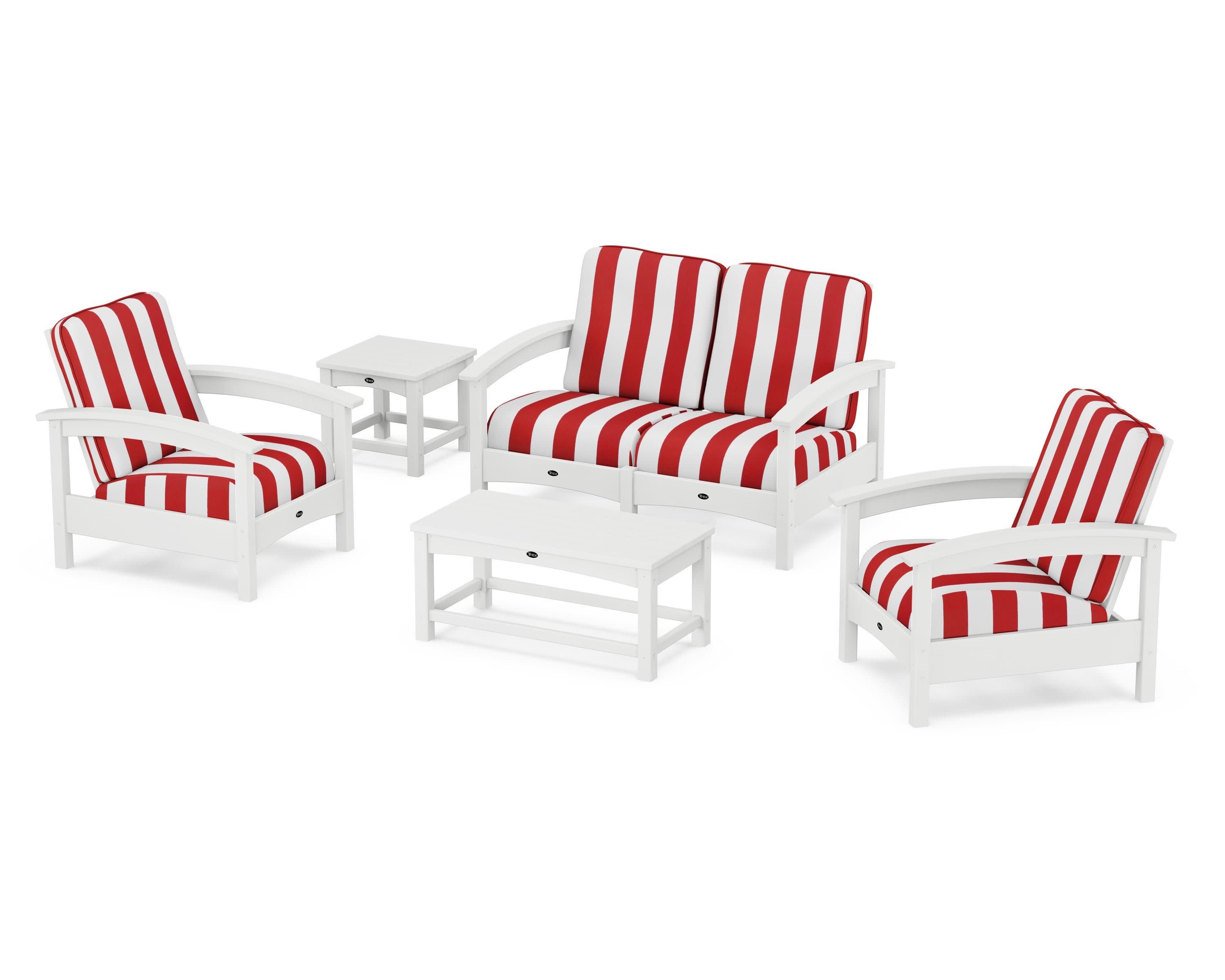 Rockport Club 6-Piece Deep Seating Conversation Set in Classic White / Cabana Stripe Crimson