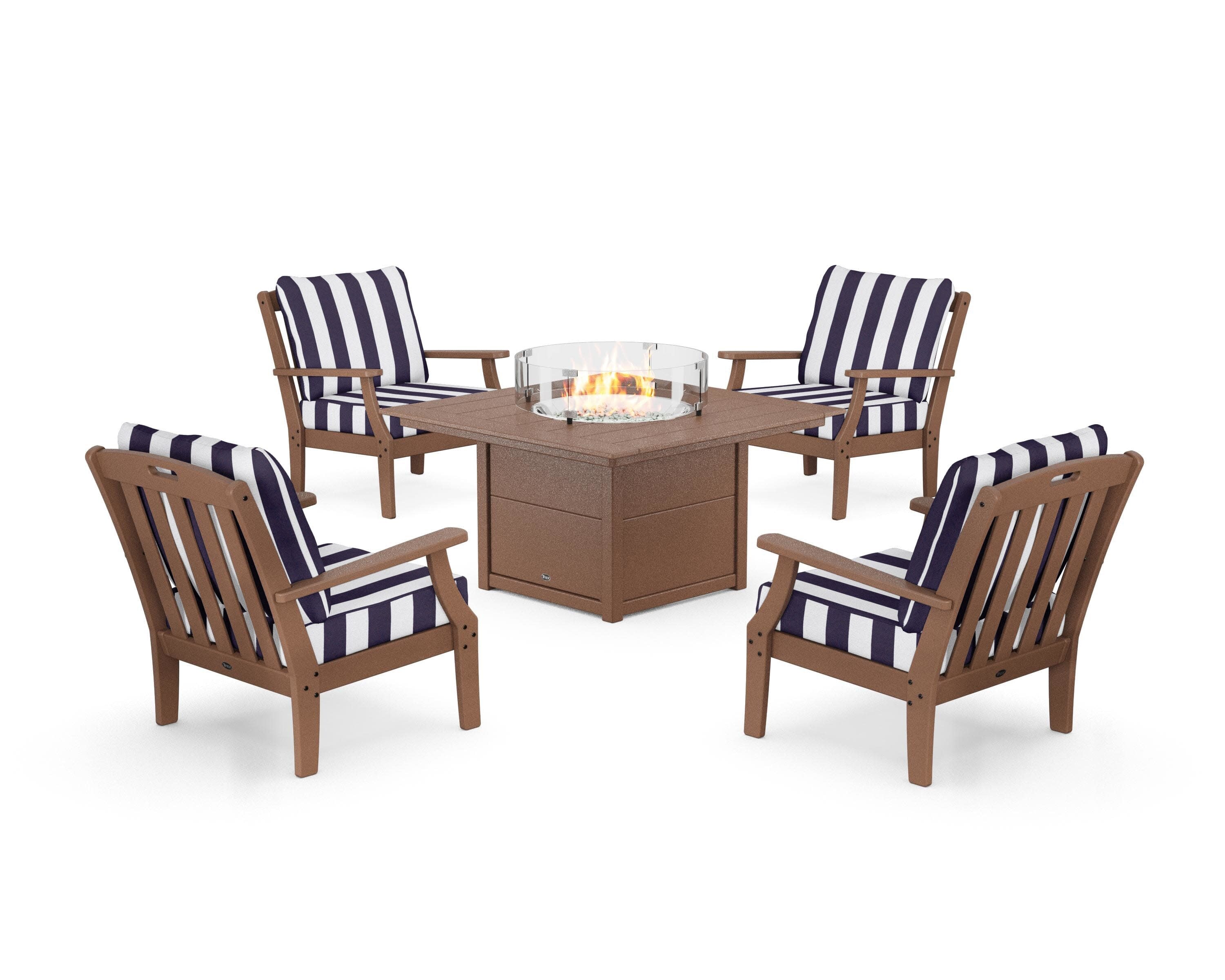 Yacht Club 5-Piece Deep Seating Set with Square Fire Pit Table in Tree House / Cabana Stripe Navy