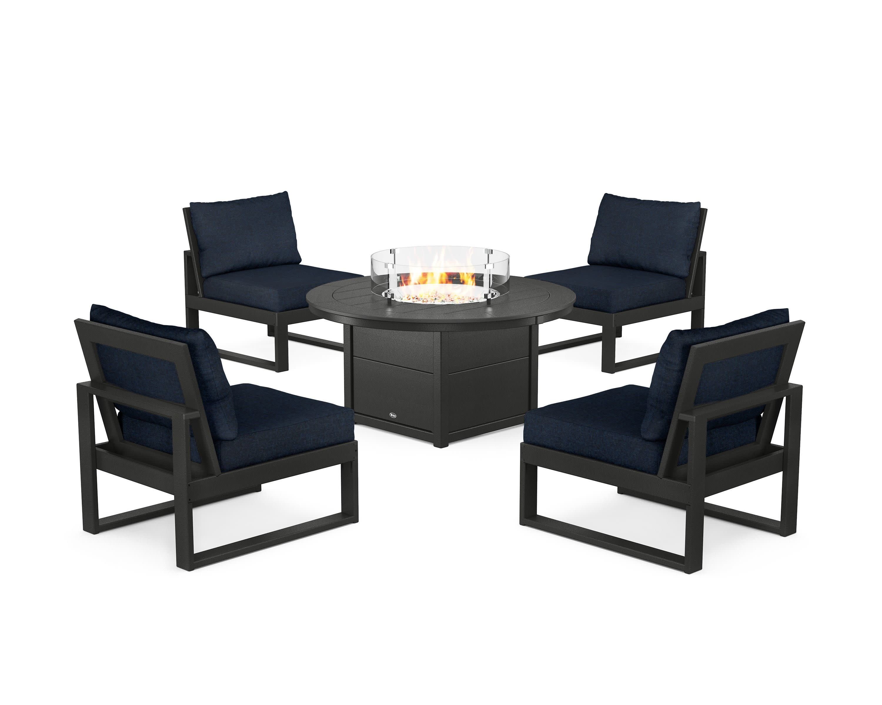 Eastport Modular 5-Piece Deep Seating Set with Round Fire Pit Table in Charcoal Black / Marine Indigo