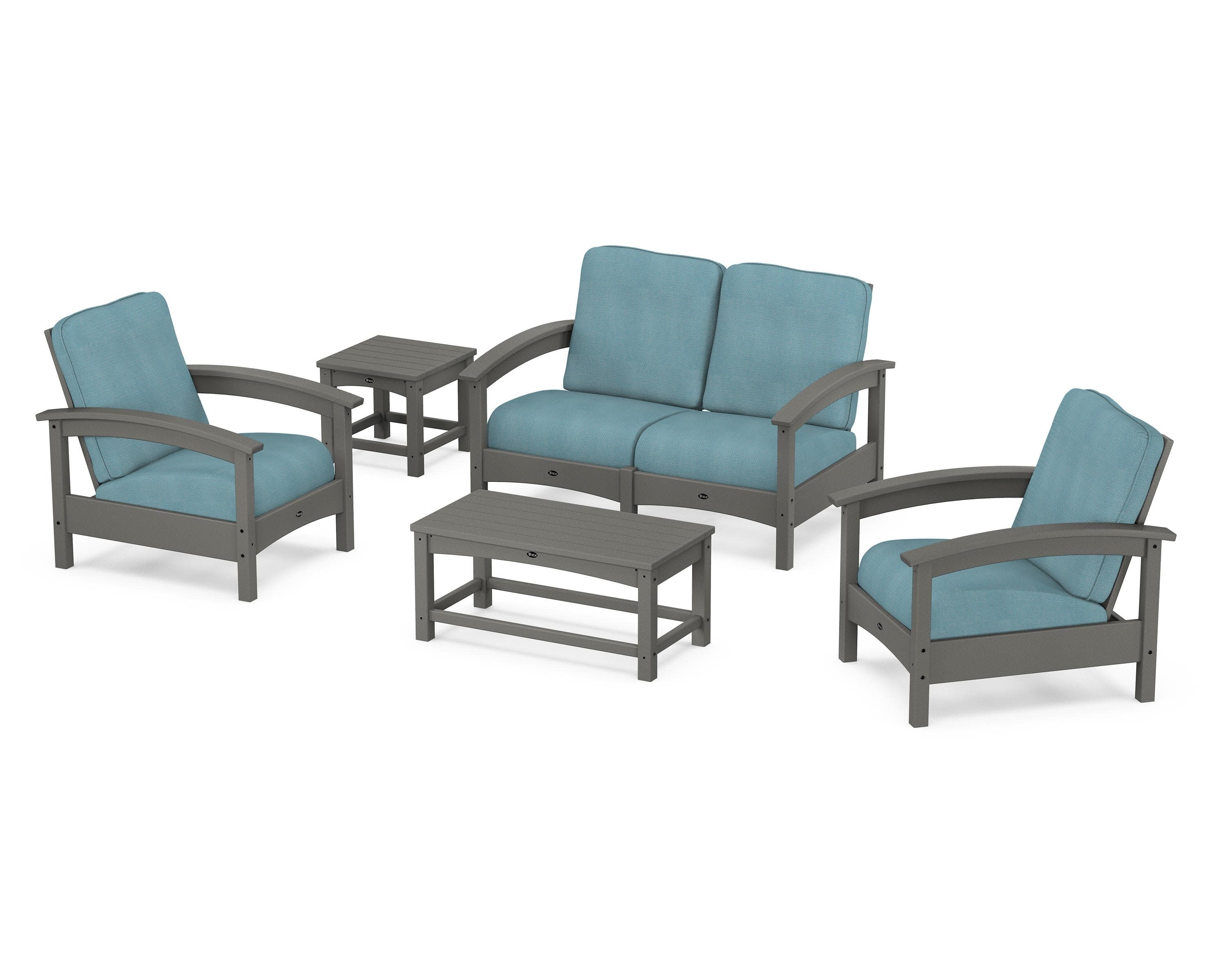 Rockport Club 6-Piece Deep Seating Conversation Set in Stepping Stone / Lattice Sky Blue