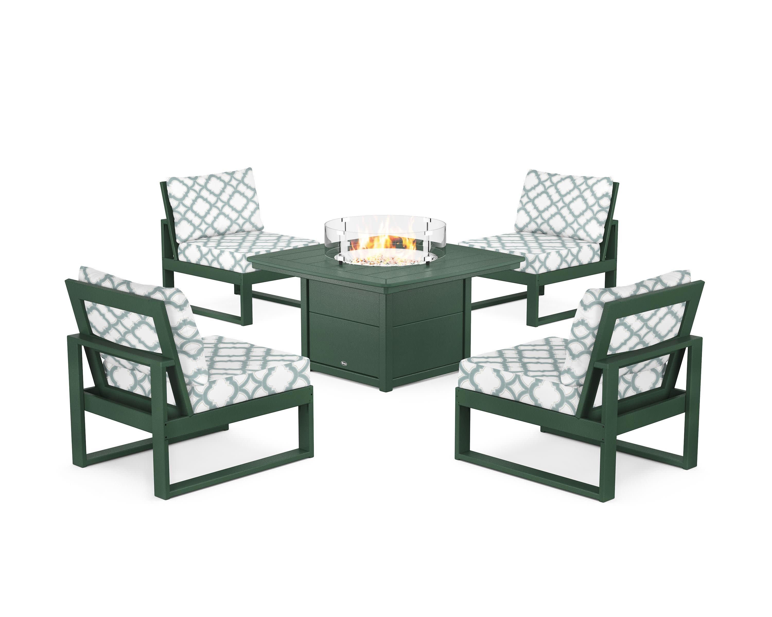 Eastport Modular 5-Piece Deep Seating Set with Yacht Club Fire Pit Table in Rainforest Canopy / Trellis Glacier Spa