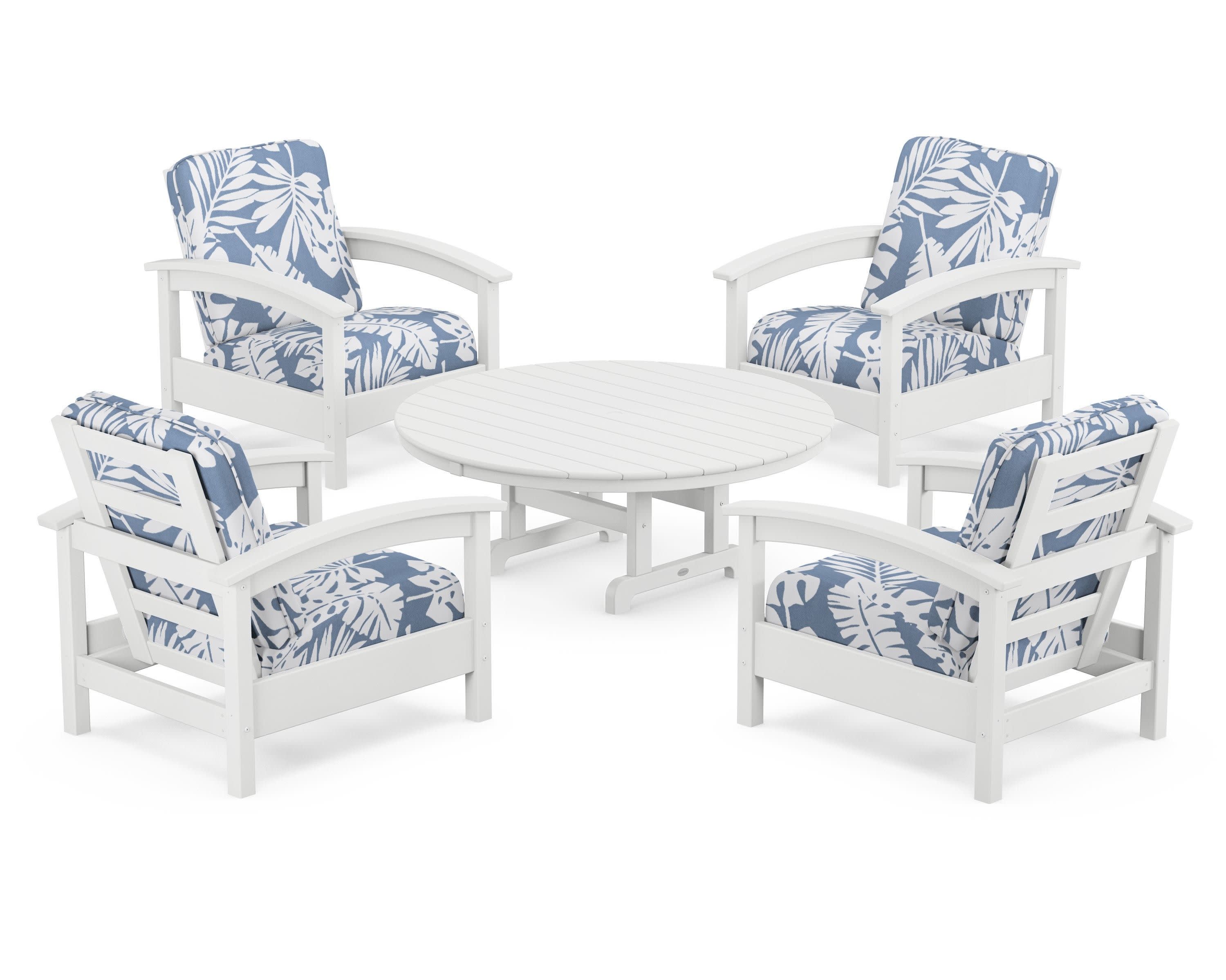 Rockport 5-Piece Deep Seating Set in Classic White / Leaf Sky Blue