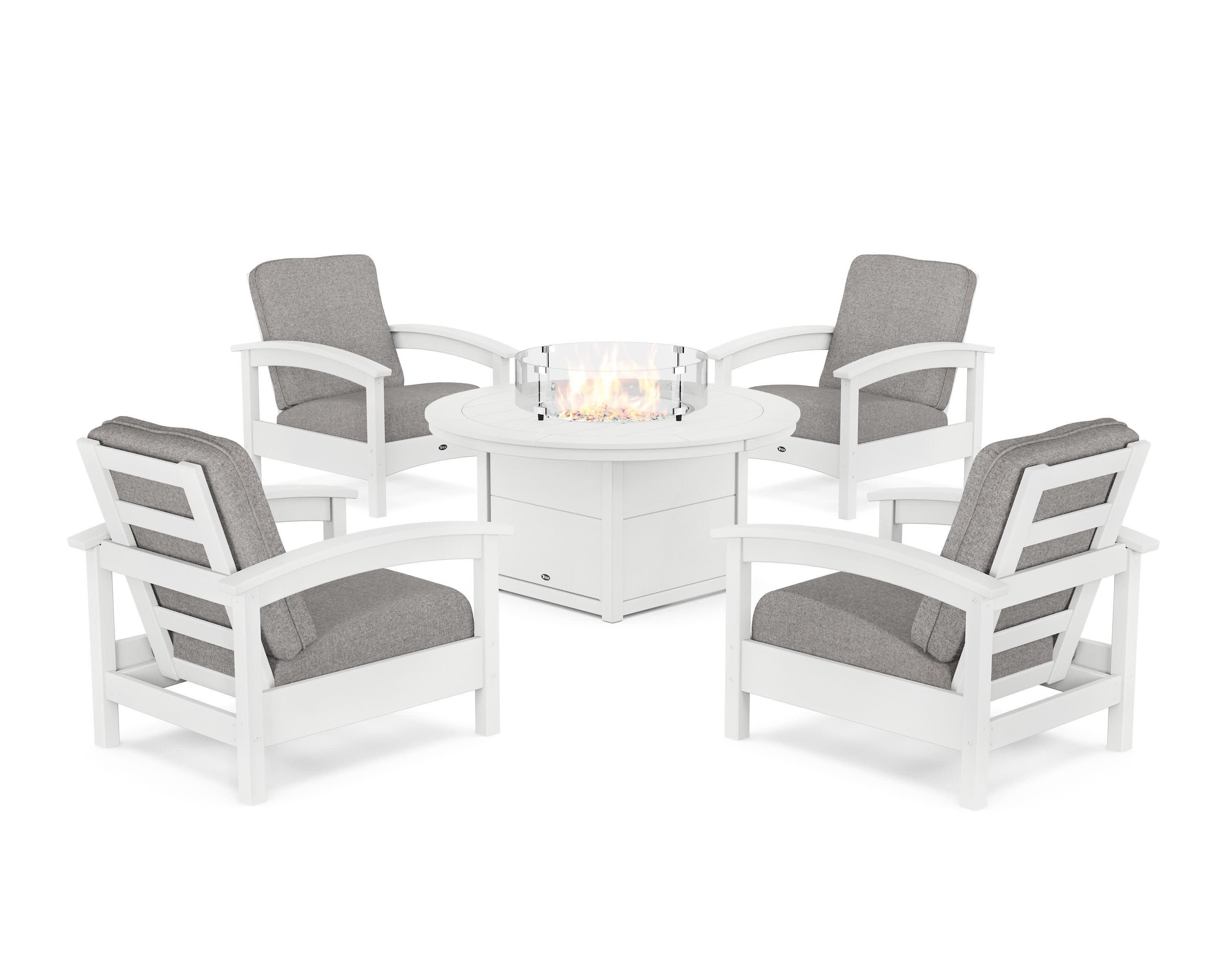 Rockport 5-Piece Deep Seating Set with Round Fire Pit Table in Classic White / Grey Mist
