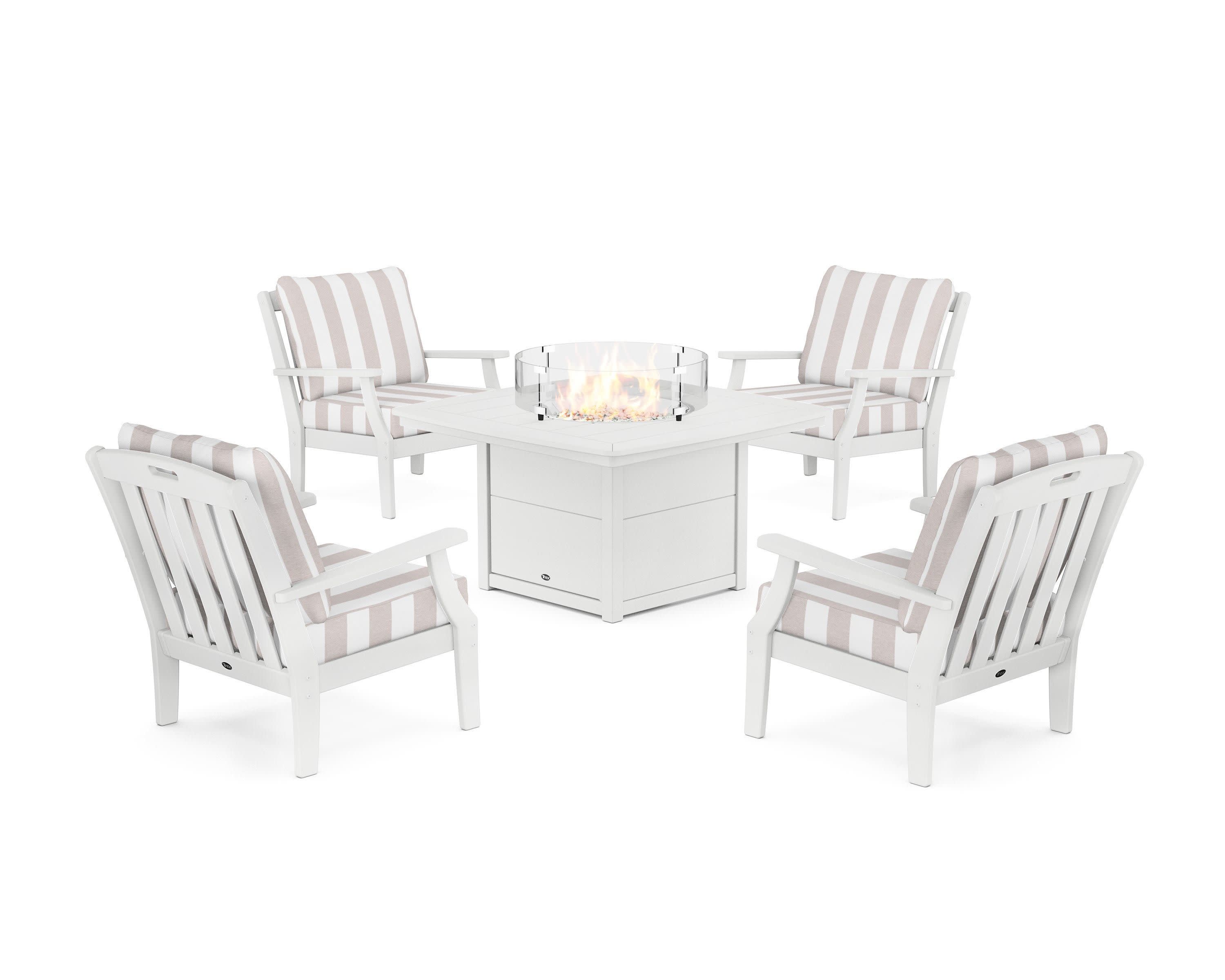 Yacht Club 5-Piece Deep Seating Set with Fire Pit Table in Classic White / Cabana Stripe Dune Burlap