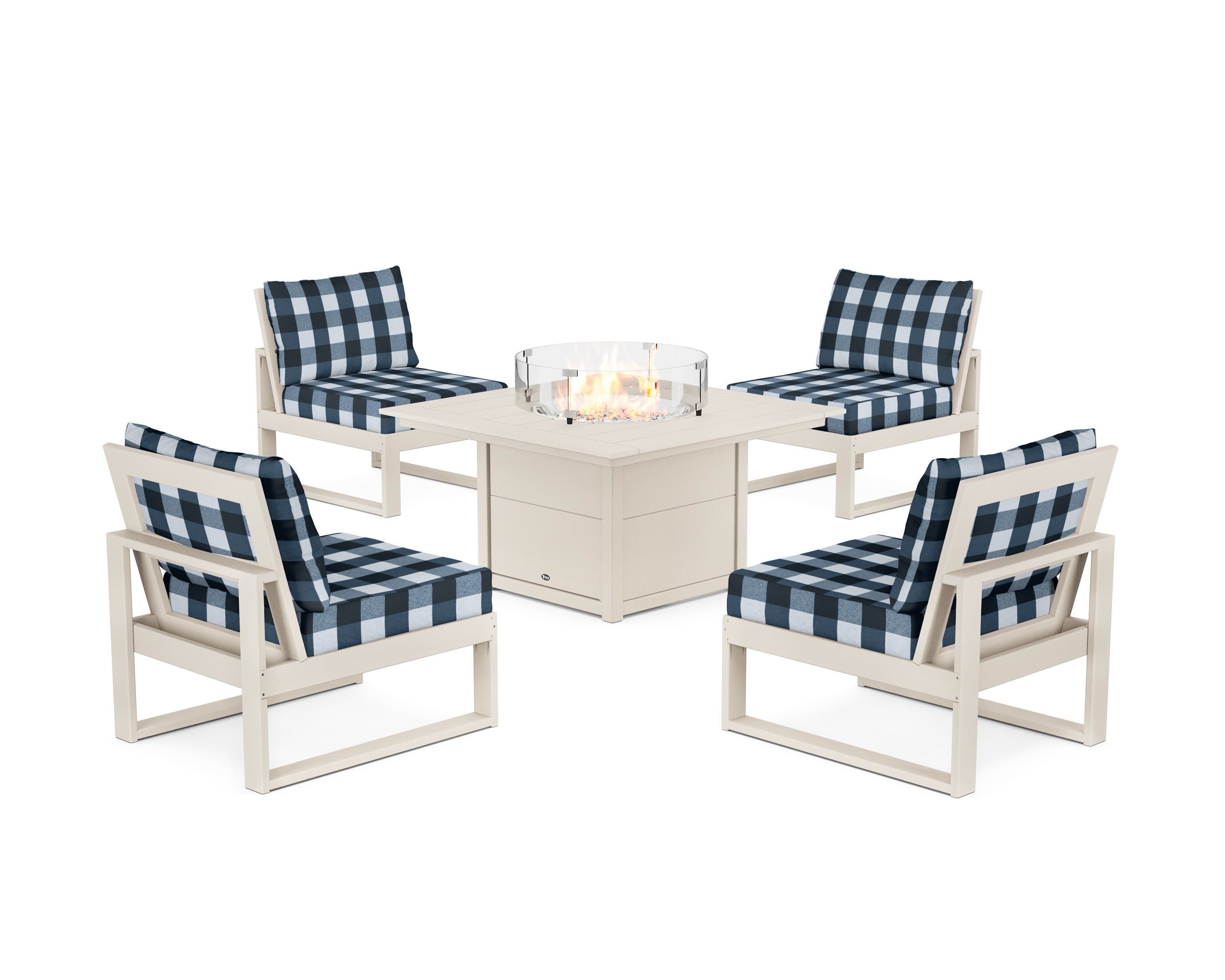 Eastport Modular 5-Piece Deep Seating Set with Square Fire Pit Table in Sand Castle / Buffalo Plaid Marine Indigo