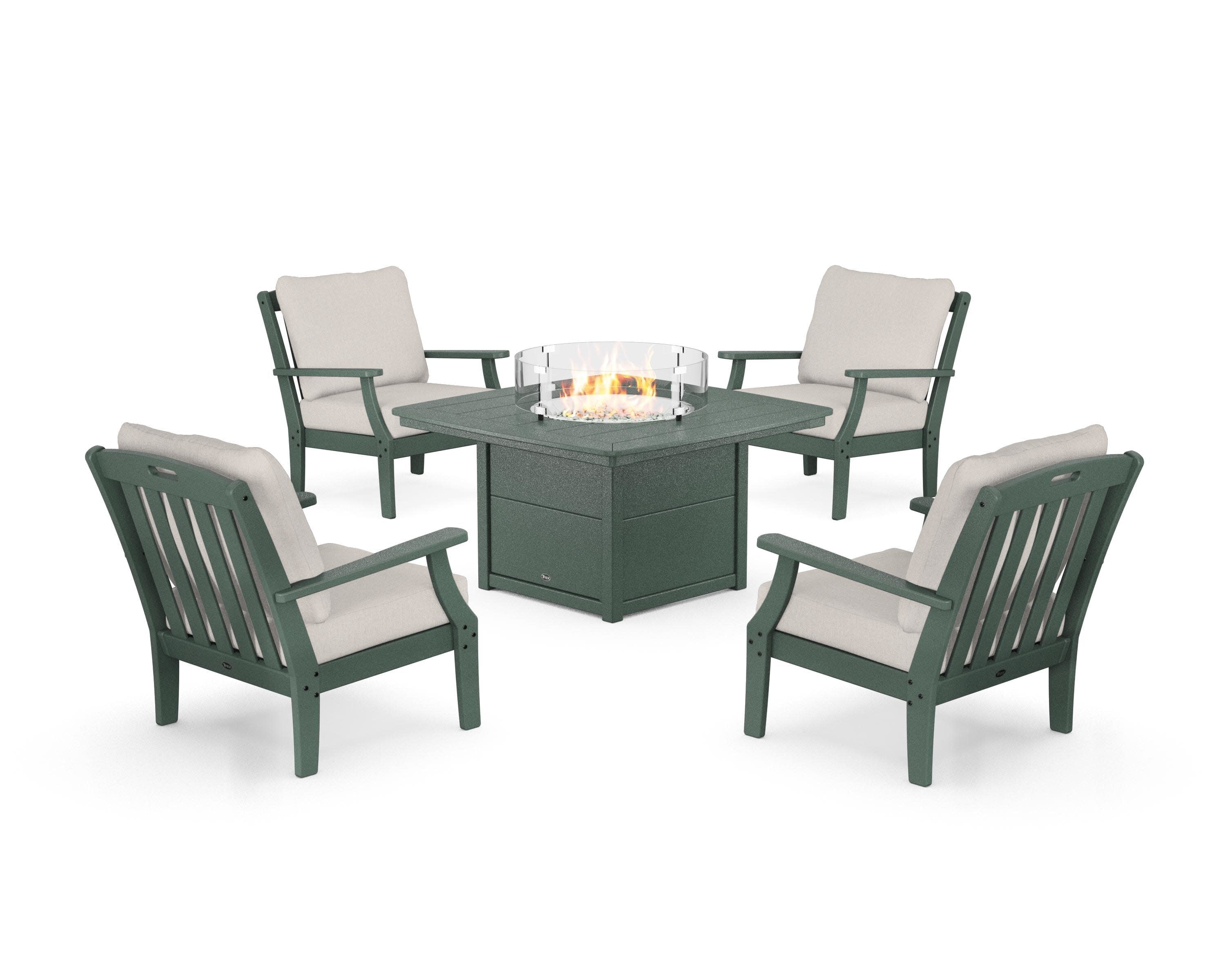 Yacht Club 5-Piece Deep Seating Set with Fire Pit Table in Rainforest Canopy / Cast Ash