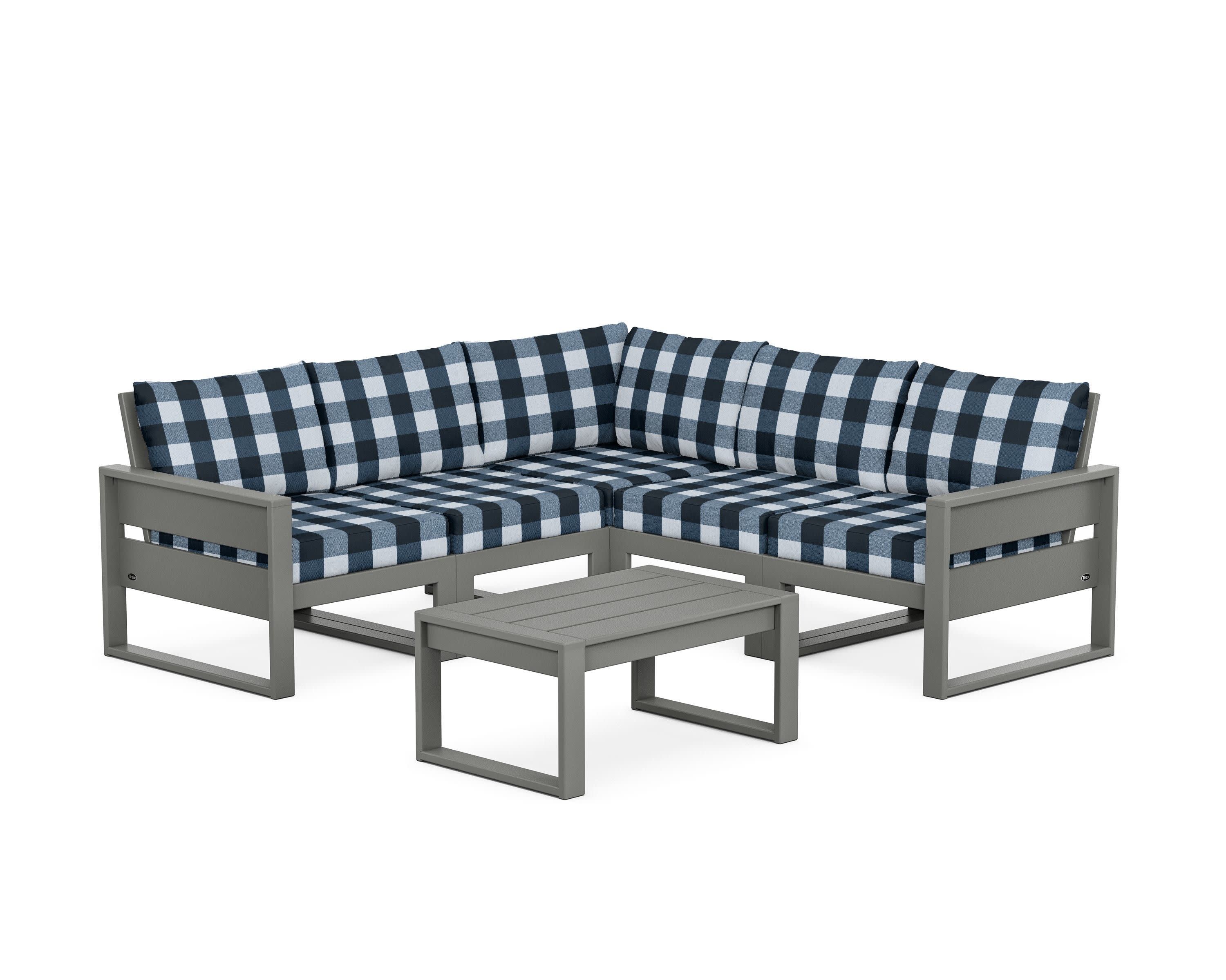 Eastport 6-Piece Deep Seating Sectional + Coffee Table Set in Stepping Stone / Buffalo Plaid Marine Indigo