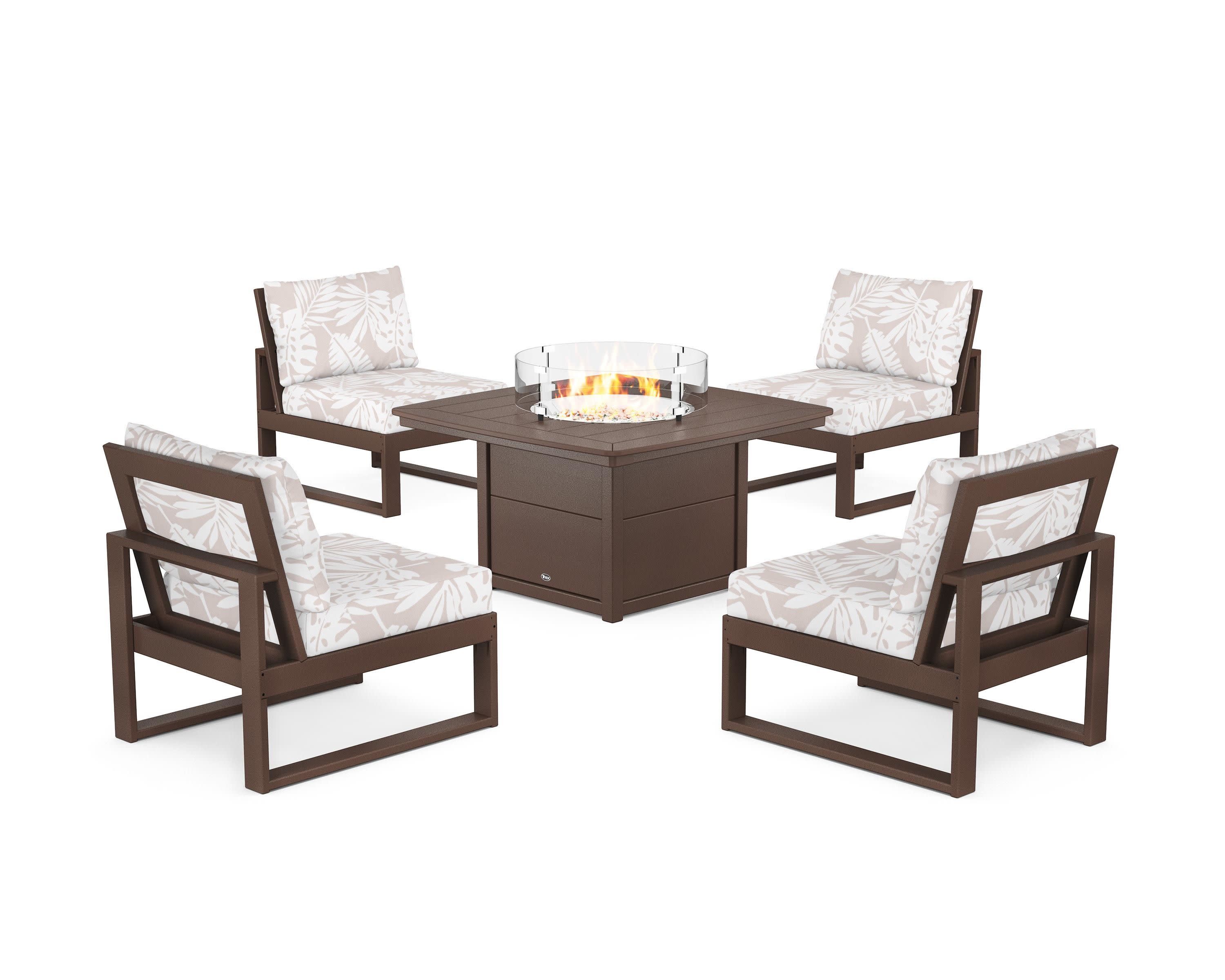 Eastport Modular 5-Piece Deep Seating Set with Yacht Club Fire Pit Table in Vintage Lantern / Leaf Dune Burlap
