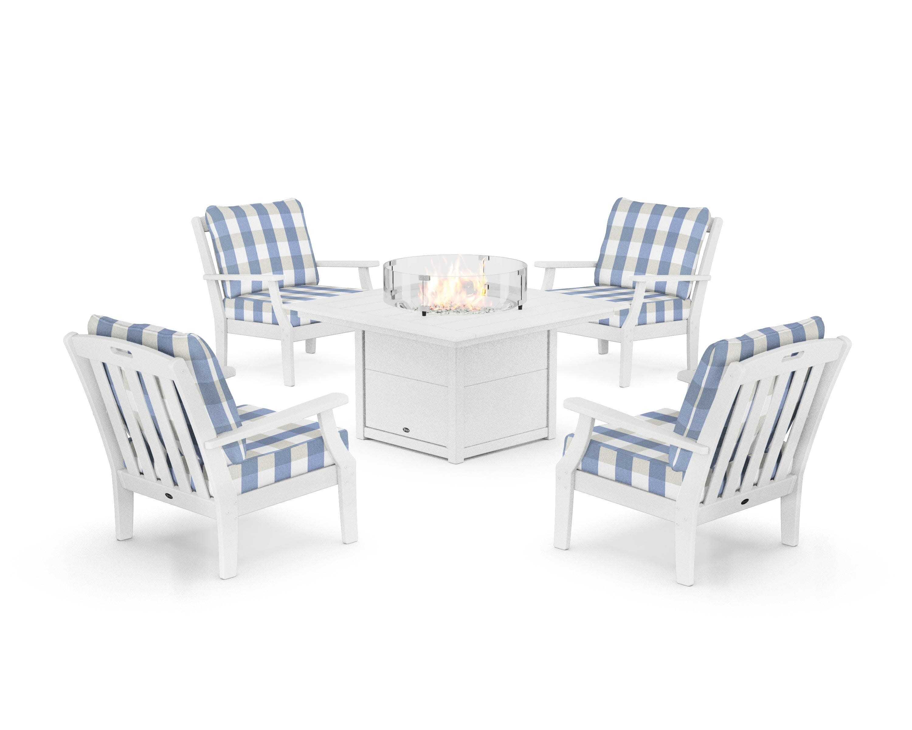 Yacht Club 5-Piece Deep Seating Set with Square Fire Pit Table in Classic White / Buffalo Plaid Sky Blue