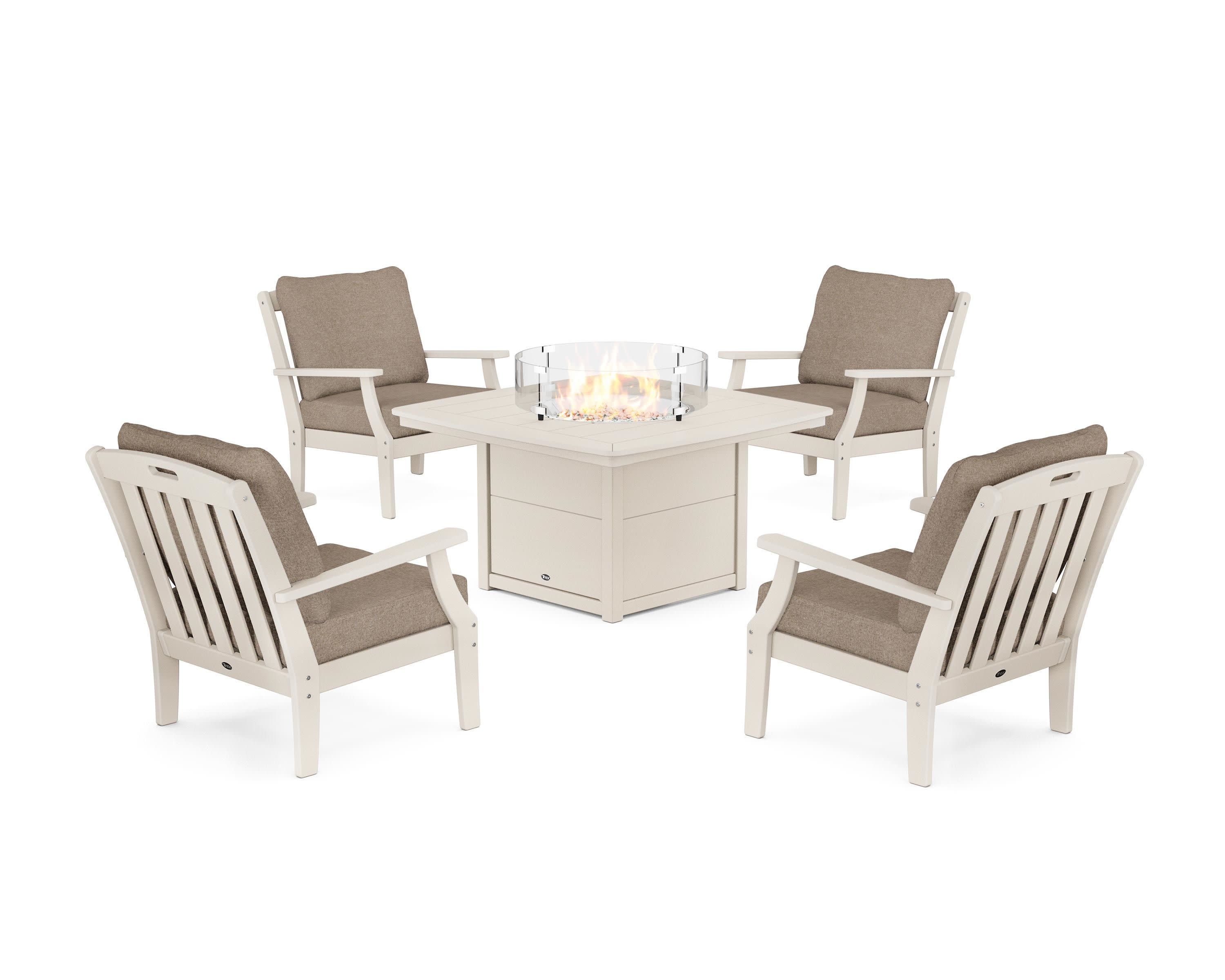 Yacht Club 5-Piece Deep Seating Set with Fire Pit Table in Sand Castle / Spiced Burlap
