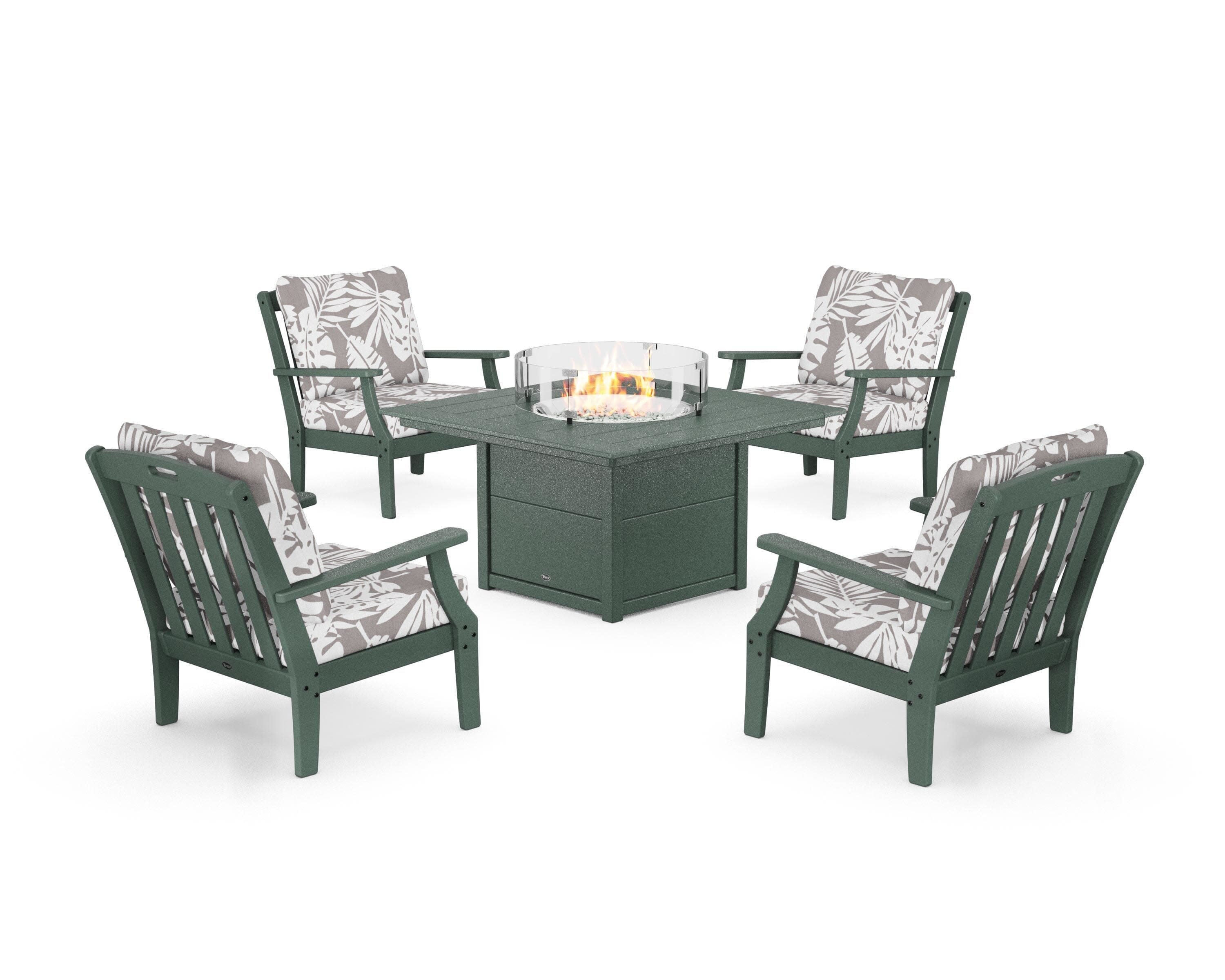 Yacht Club 5-Piece Deep Seating Set with Square Fire Pit Table in Rainforest Canopy / Leaf Grey Mist